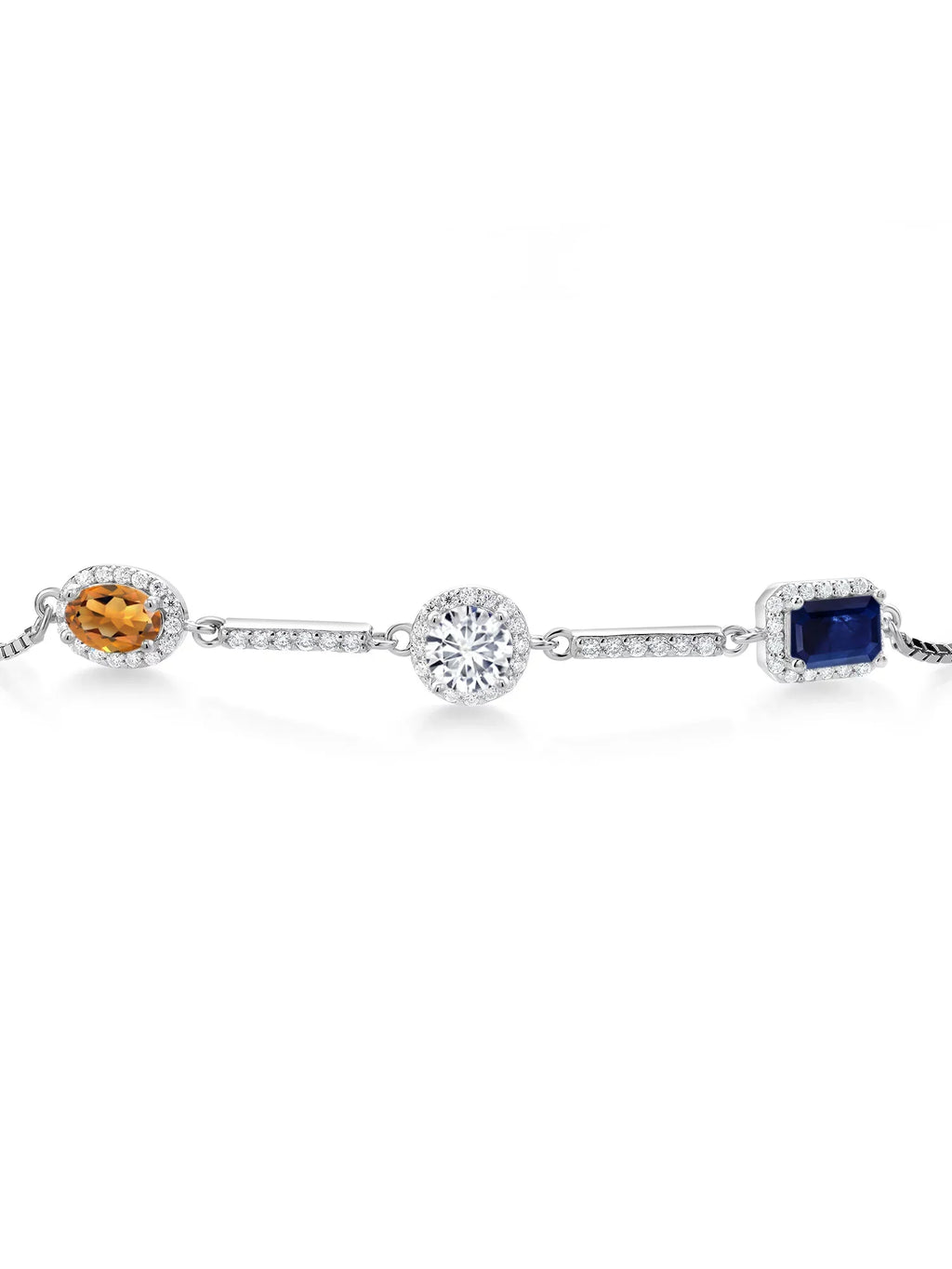Gem Stone King Keren Hanan 925 Sterling Silver 3 Stone Moissanite Fully Adjustable Bracelet For Women Oval Round Octagon Madeira Citrine Lab Grown Diamond and Sapphire (1.85 Cttw)