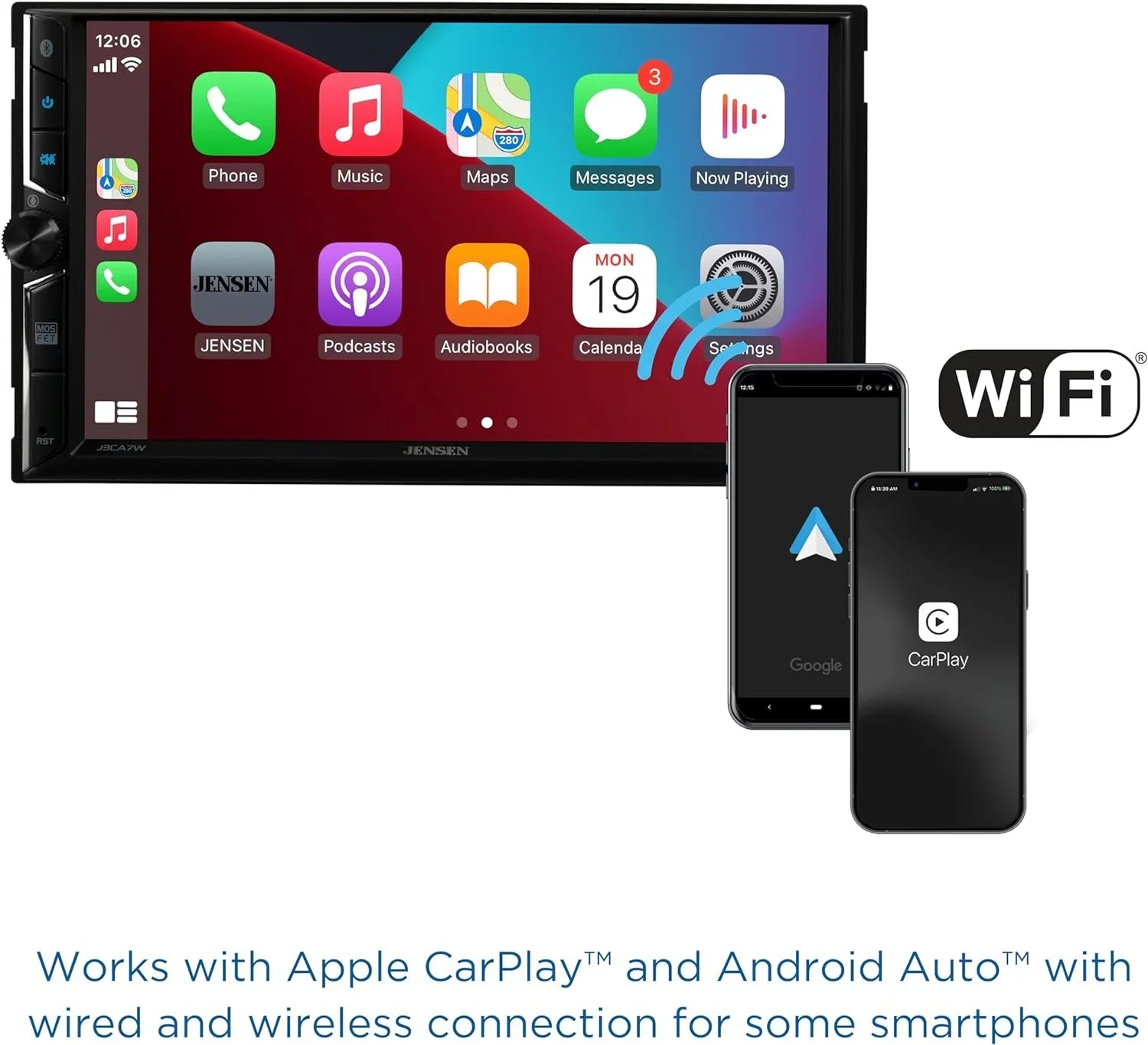 Jensen J3CA7W 7-inch Certified CarPlay Android Auto, Wired or Wireless, Double DIN Car Stereo Radio, New