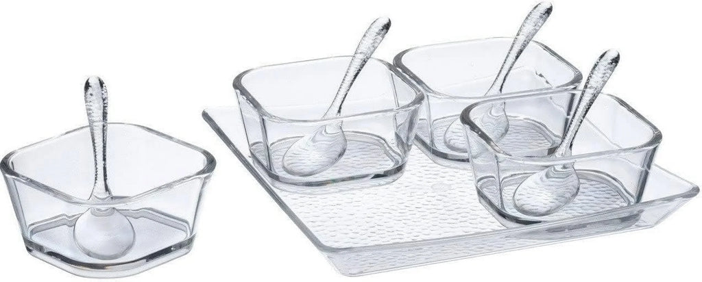 Clear Premium Serving Set With Spoons (7.75" X 7.75" X 1", Pack Of 6) - Perfect For Parties, Events, & Dining