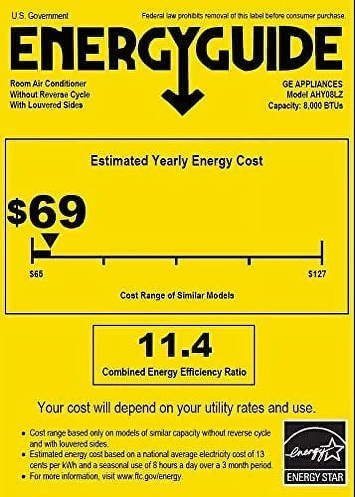 GE AHY08LZ Smart Window Air Conditioner with 8000 BTU Cooling Capacity Wifi Connect 3 Fan Speeds 115 Volts 11.4 CEER and Fixed Chassis in White