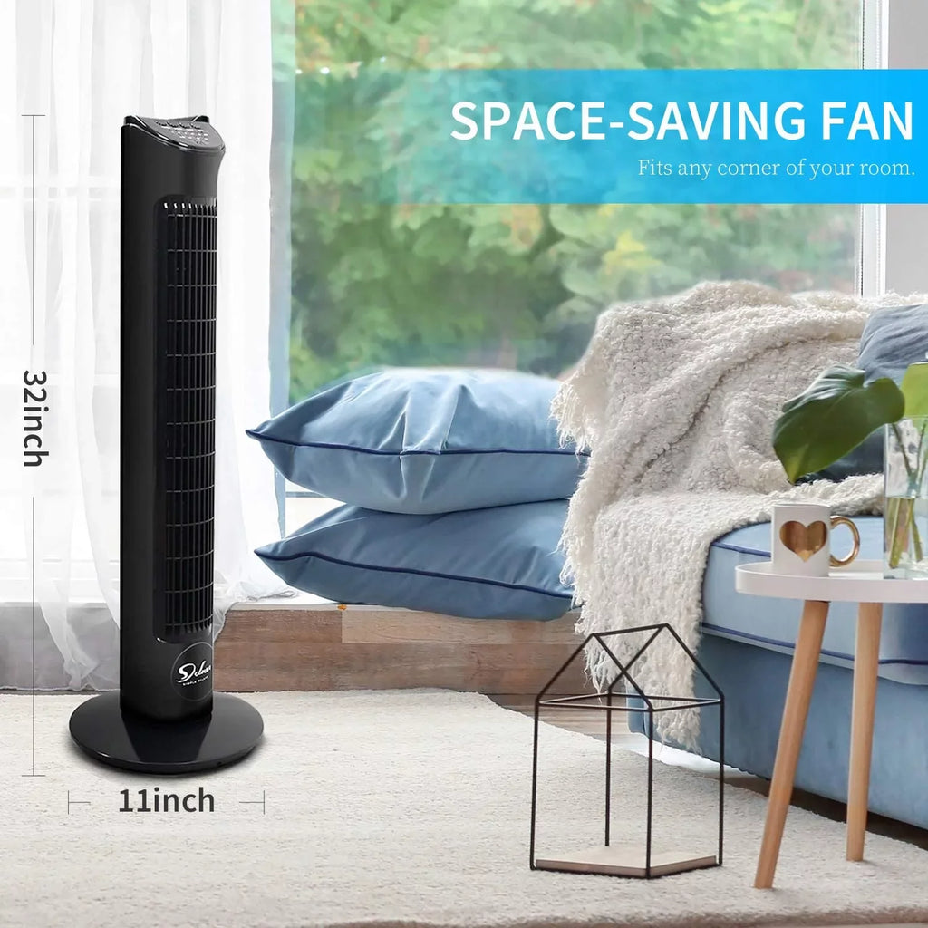 Simple Deluxe 32"Tower Fan with Remote, 90° Oscillating Fan with 4 Speeds, Bladeless Fan, Standing Floor Fans, Ebony