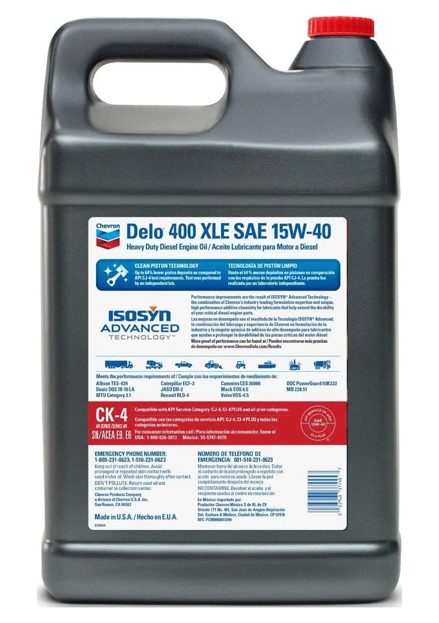 Chevron Delo 400 XLE 15W-40 Synthetic Blend Heavy Duty Diesel Motor Oil, 2.5 Gallons