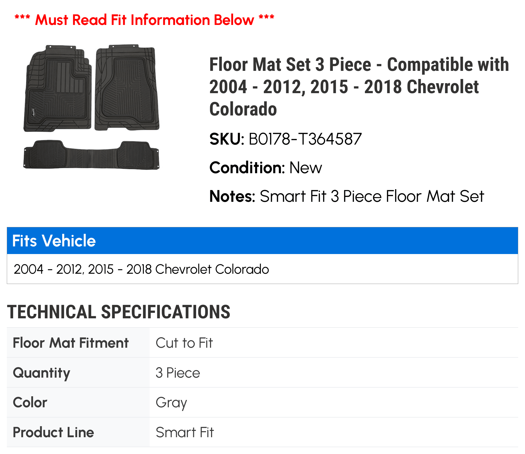 Floor Mat Set 3 Piece - Compatible with 2004 - 2012, 2015 - 2018 Chevy Colorado 2005 2006 2007 2008 2009 2010 2011 2016 2017