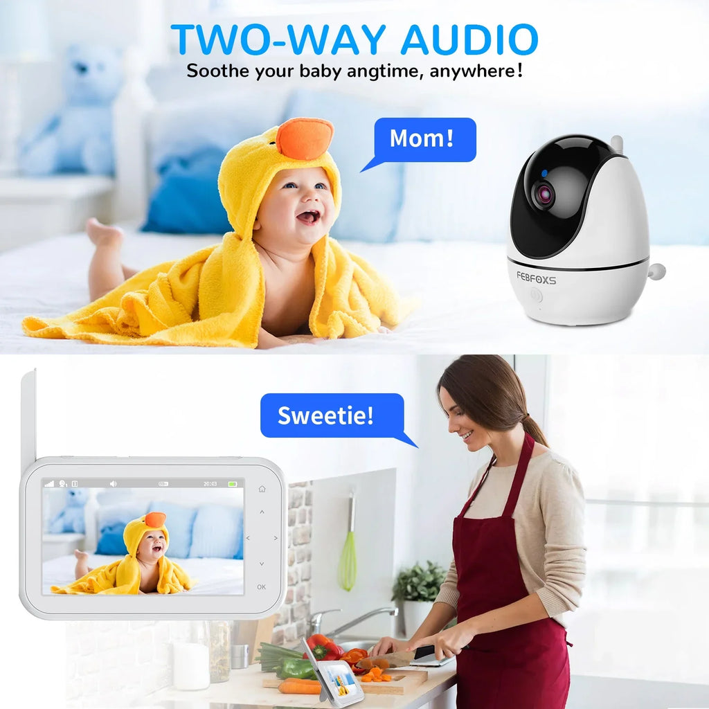 Febfoxs Baby Monitor 1080P with Camera & Audio, 4.3" LCD Screen Pan&Tilt&Zoom, Two-Way Talk, Auto Night Vision,Tem-Sensor, No Wifi