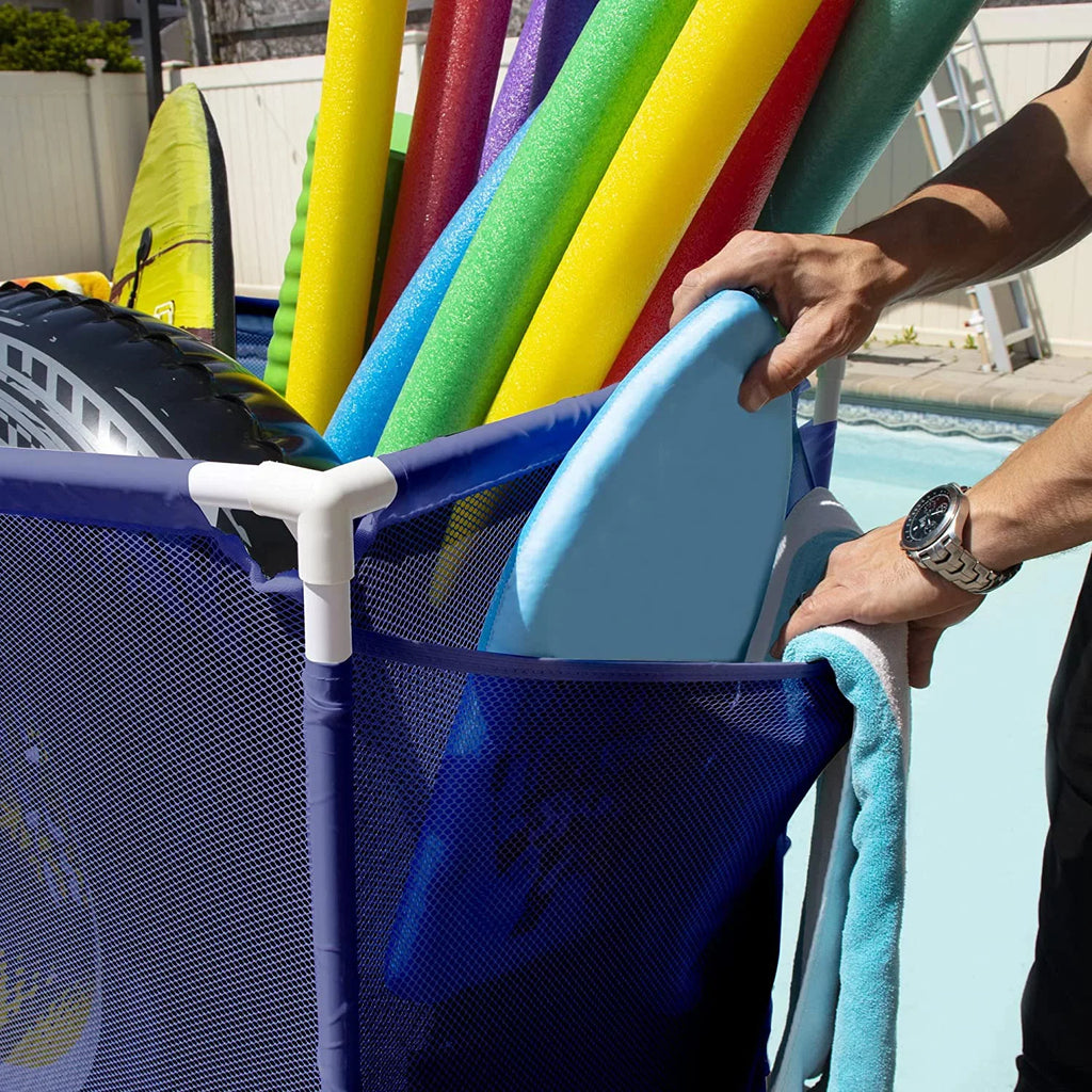Essentially Yours Pool Floats, Balls, Toys and Equipment Rolling Mesh Organizer Storage Bin, Large, (35" W x 25.4" L x 37.5" H), Blue / White Style 455102