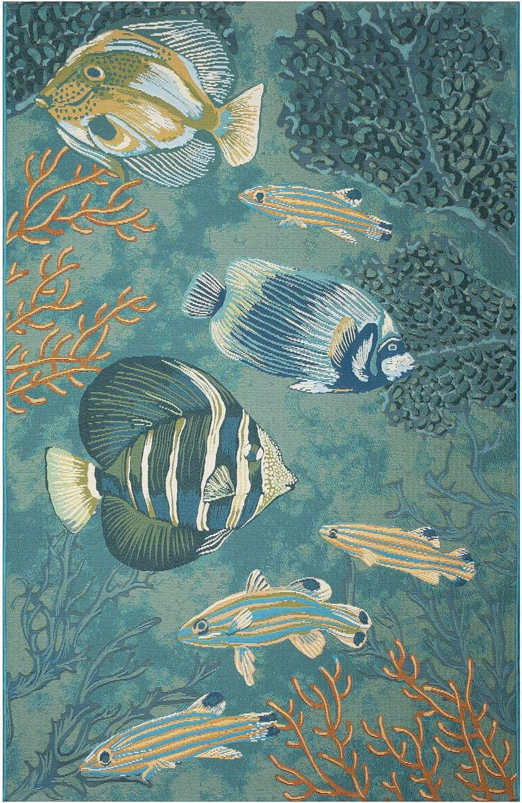 Marina Indoor/Outdoor Power Loomed Synthetic Blend Low Profile Area Rug - Transitional Graphic Coastal Animal Colorful (Fish Aqua) (6'6" X 9'4")