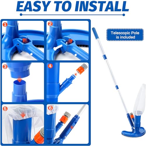 Upgraded Handheld Portable Pool Vacuum Cleaner with Pool Skimmer Net, 4 Section Poles of 60", Handheld Pool Vacuum Jet Cleaner Attaches to Garden Hose for Above Ground Pool Spa Pond Fountains