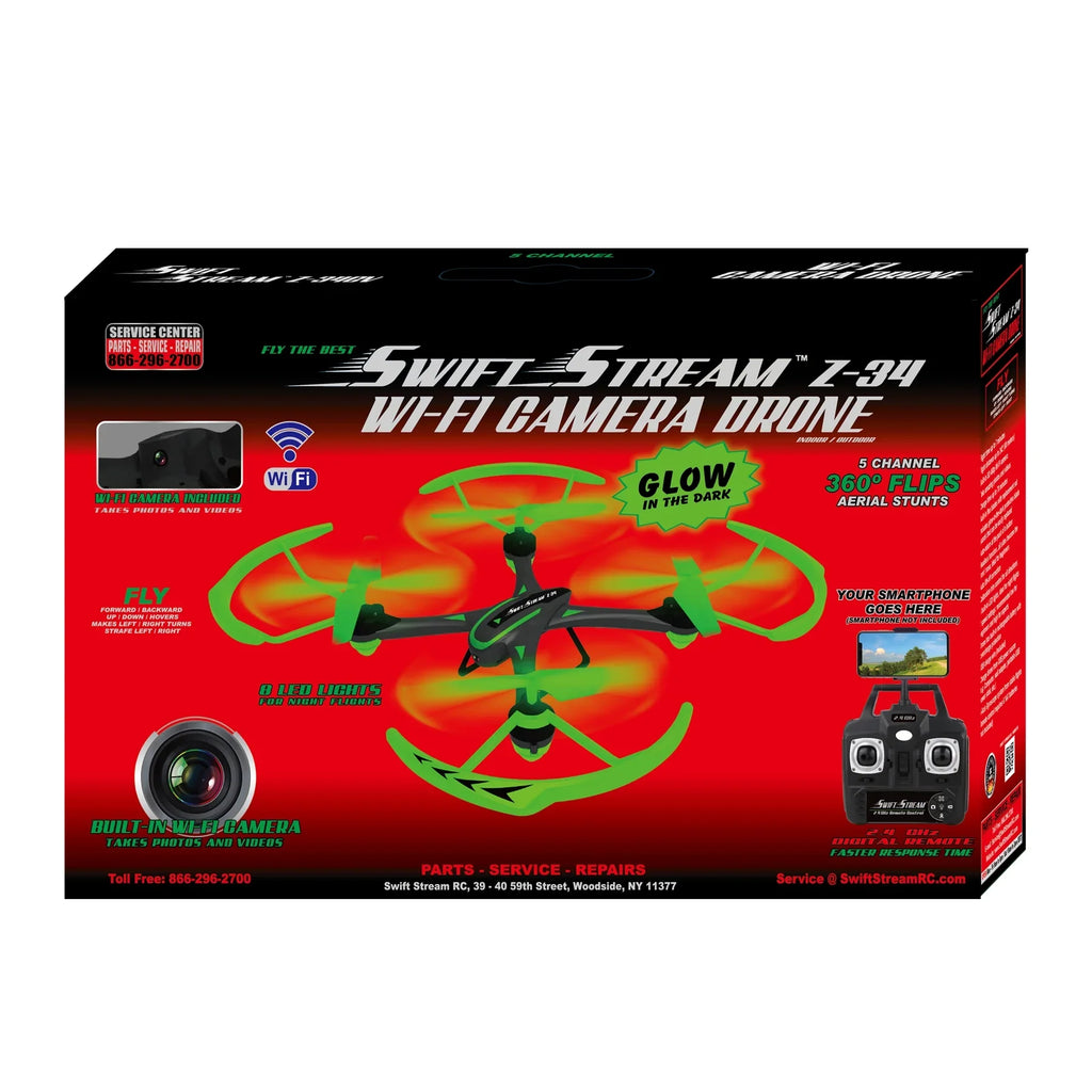 Swift Stream RC Z-34 Glow in the Dark Wi-Fi Camera Drone, Aerial Stunts, Headless Mode & Auto Return