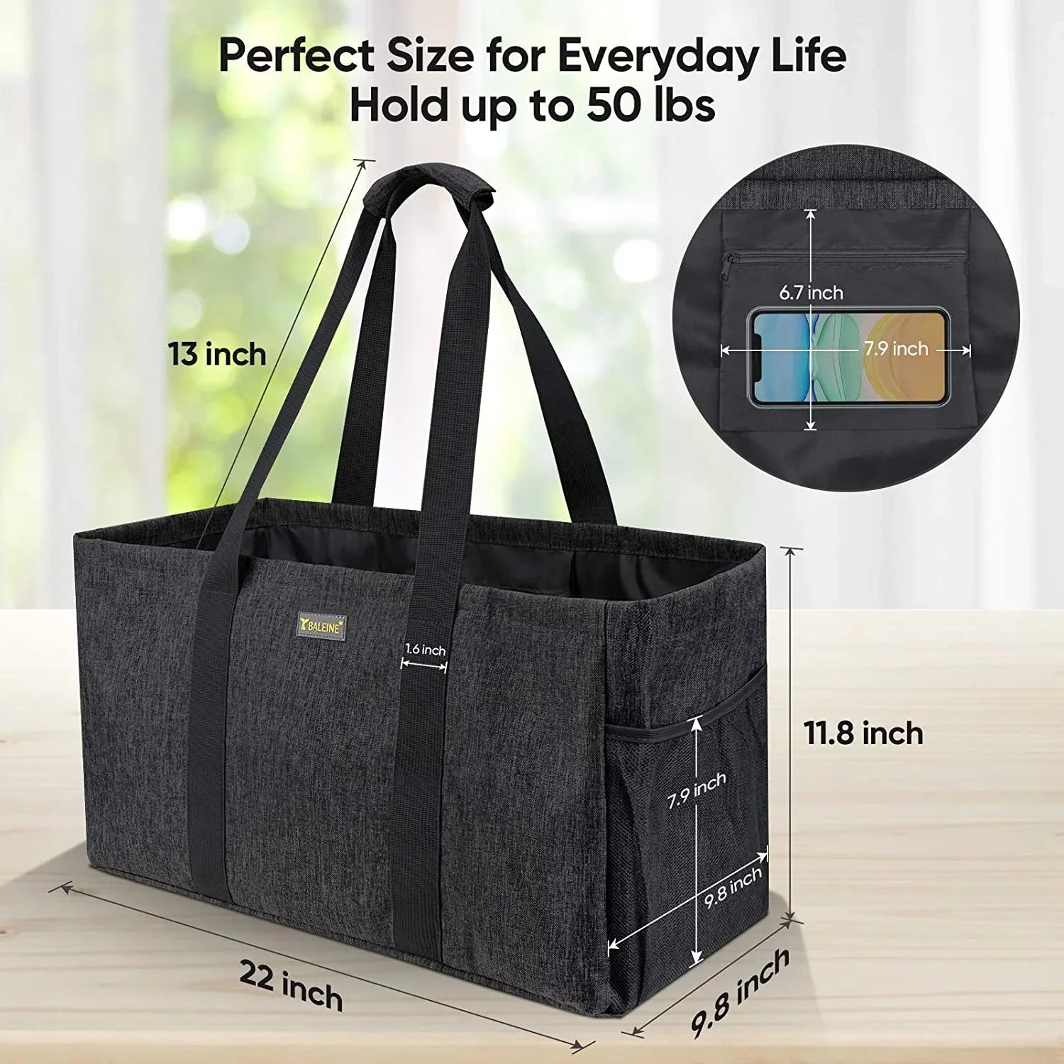 BALEINE Reusable SOFT Utility Tote with Reinforced Handles, Eco Friendly Collapsible Foldable & Washable Grocery Storage Bag, Extra Storage For Phone & Keys with Inner & Side Pockets Jet
