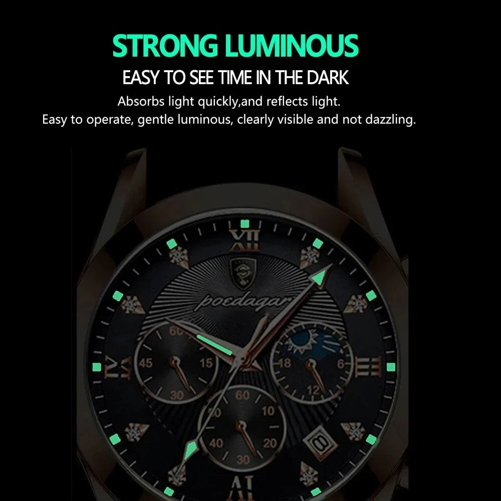 POEDAGAR Men Watch Sport Chronograph Quartz Watches Top Brand Luxury Full Steel Waterproof Luminous Date Man Fashion Wristwatch 8169 Ebony S