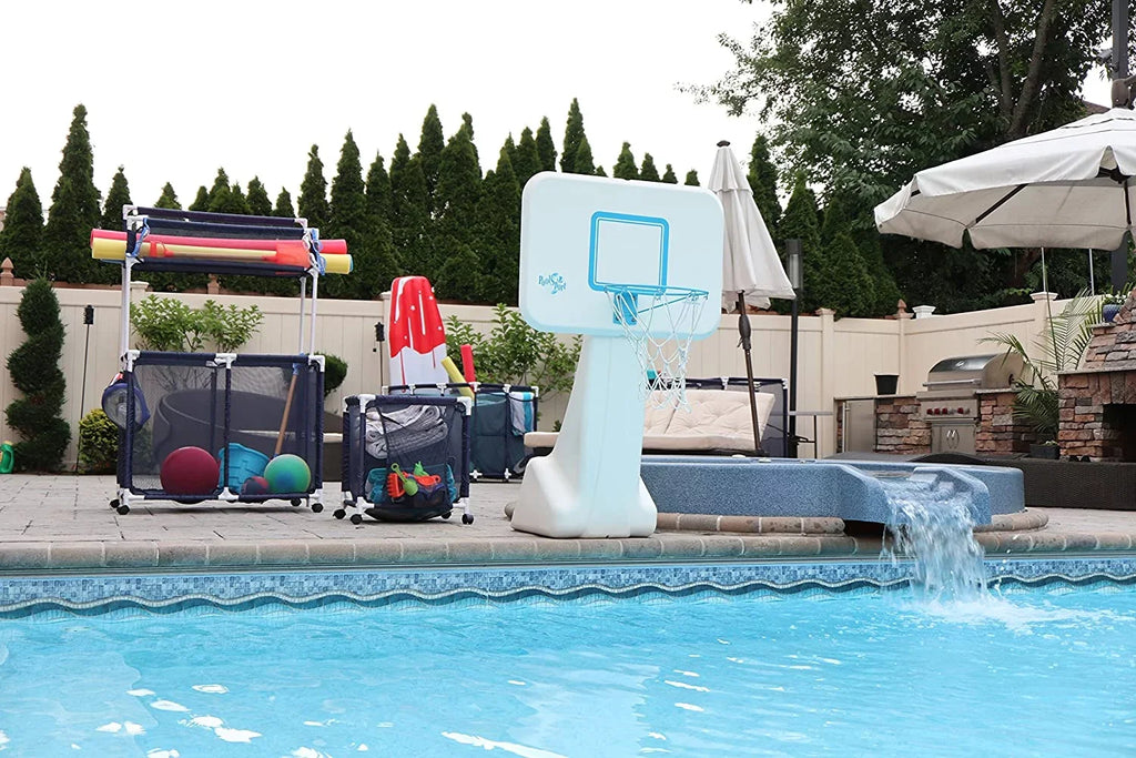 Essentially Yours Pool Floats, Balls, Toys and Equipment Rolling Mesh Organizer Storage Bin, Large, (35" W x 25.4" L x 37.5" H), Blue / White Style 455102
