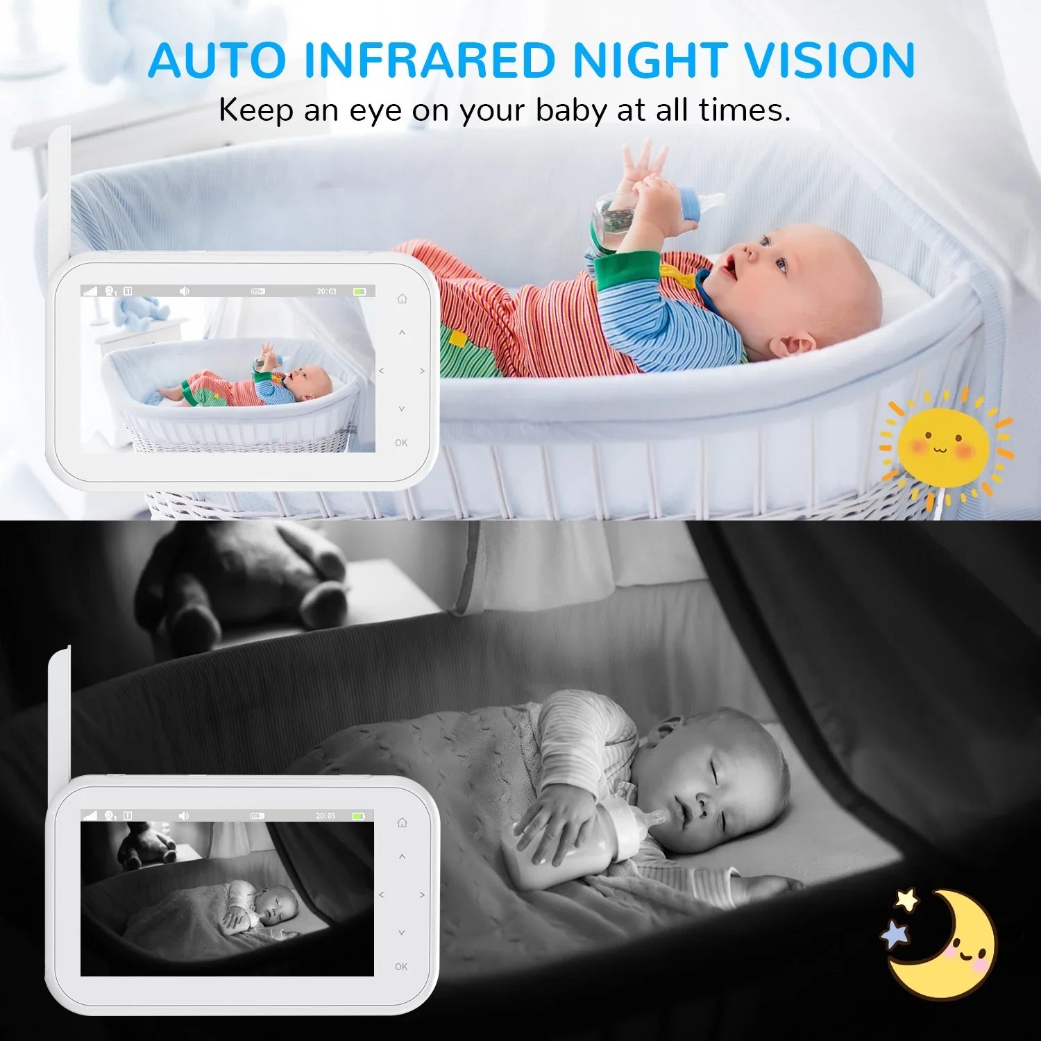 Febfoxs Baby Monitor 1080P with Camera & Audio, 4.3" LCD Screen Pan&Tilt&Zoom, Two-Way Talk, Auto Night Vision,Tem-Sensor, No Wifi