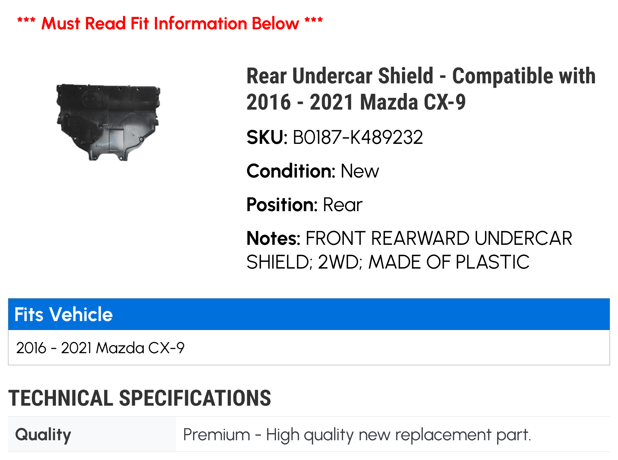 Rear Undercar Shield - Compatible with 2016 - 2021 Mazda CX-9 2017 2018 2019 2020