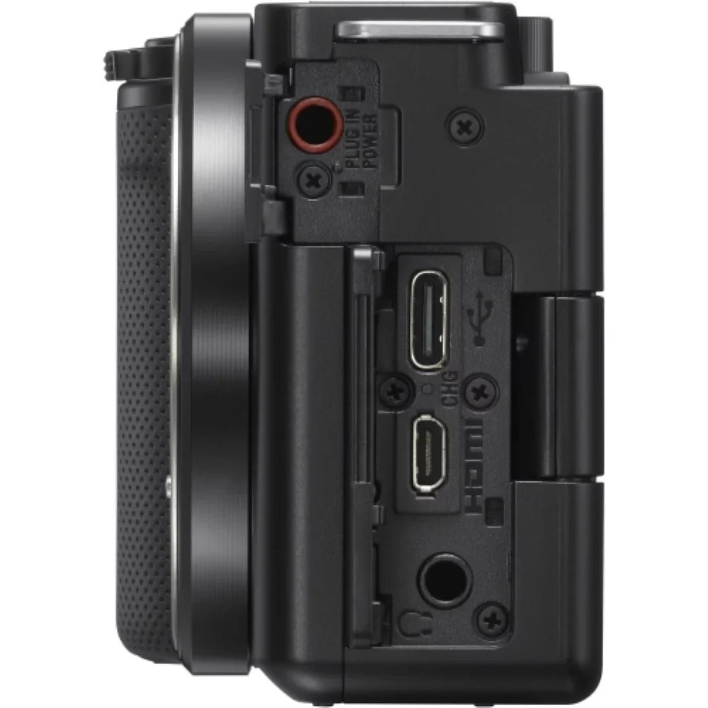 ZV-E10 Mirrorless Camera |16-50mm Lens Dark Bundle with Transcend 64GB Memory Card + Flexible Tripod + Camera Bag + Cleaning Kit (5 Items)