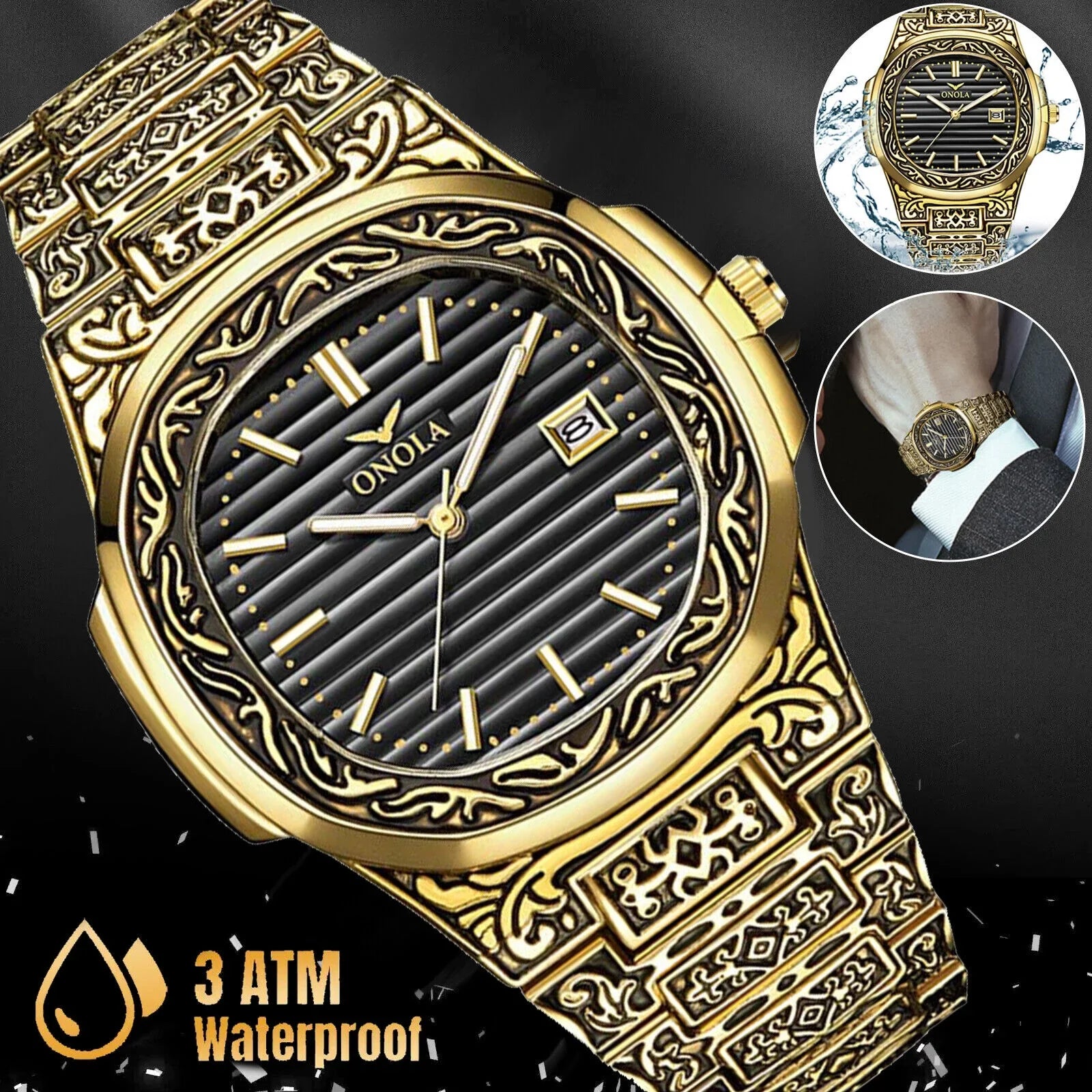 Men's Watch Relojes De Hombre Retro Gold Quartz Stainless Steel Waterproof Wrist