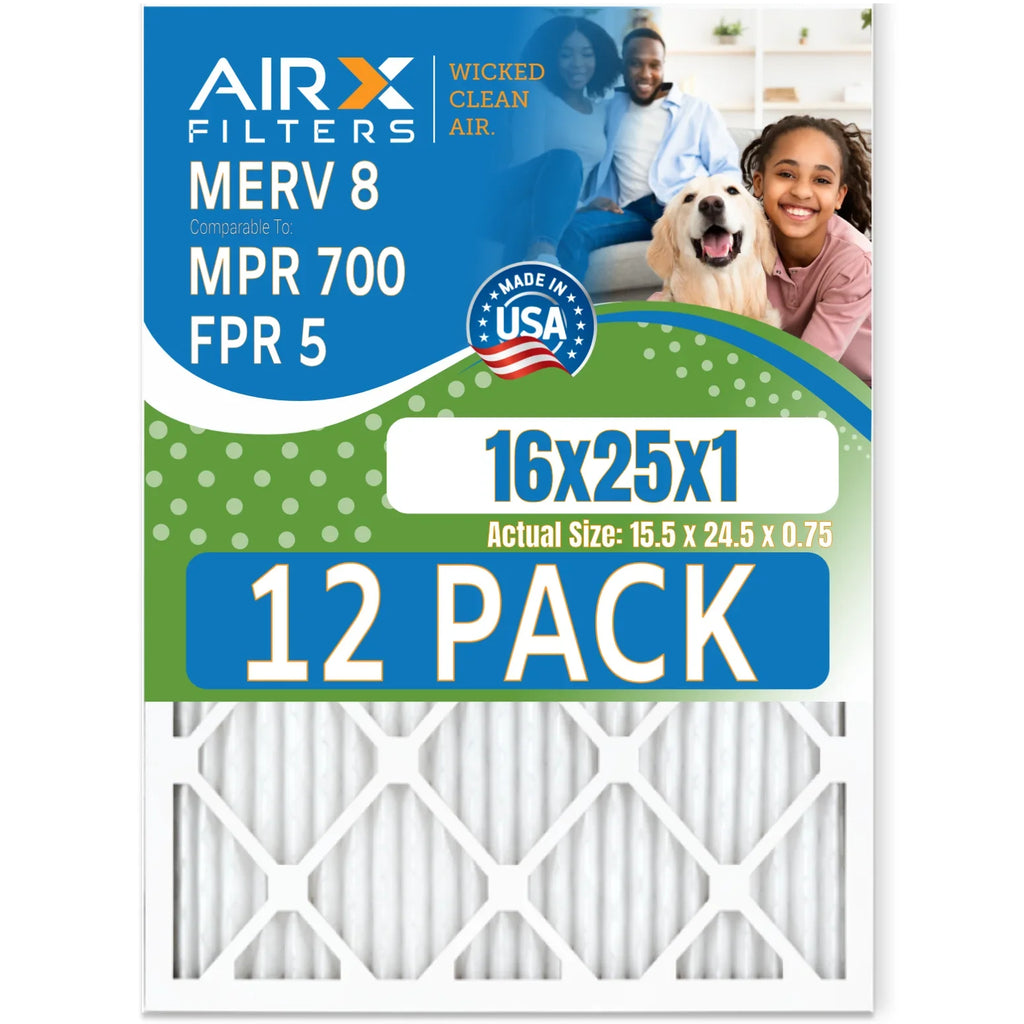 16x25x1 Air Filter MERV 8 Rating, 12 Pack of Furnace Filters Comparable to MPR 700 & FPR 5 - Made in USA by AIRX FILTERS WICKED CLEAN AIR.