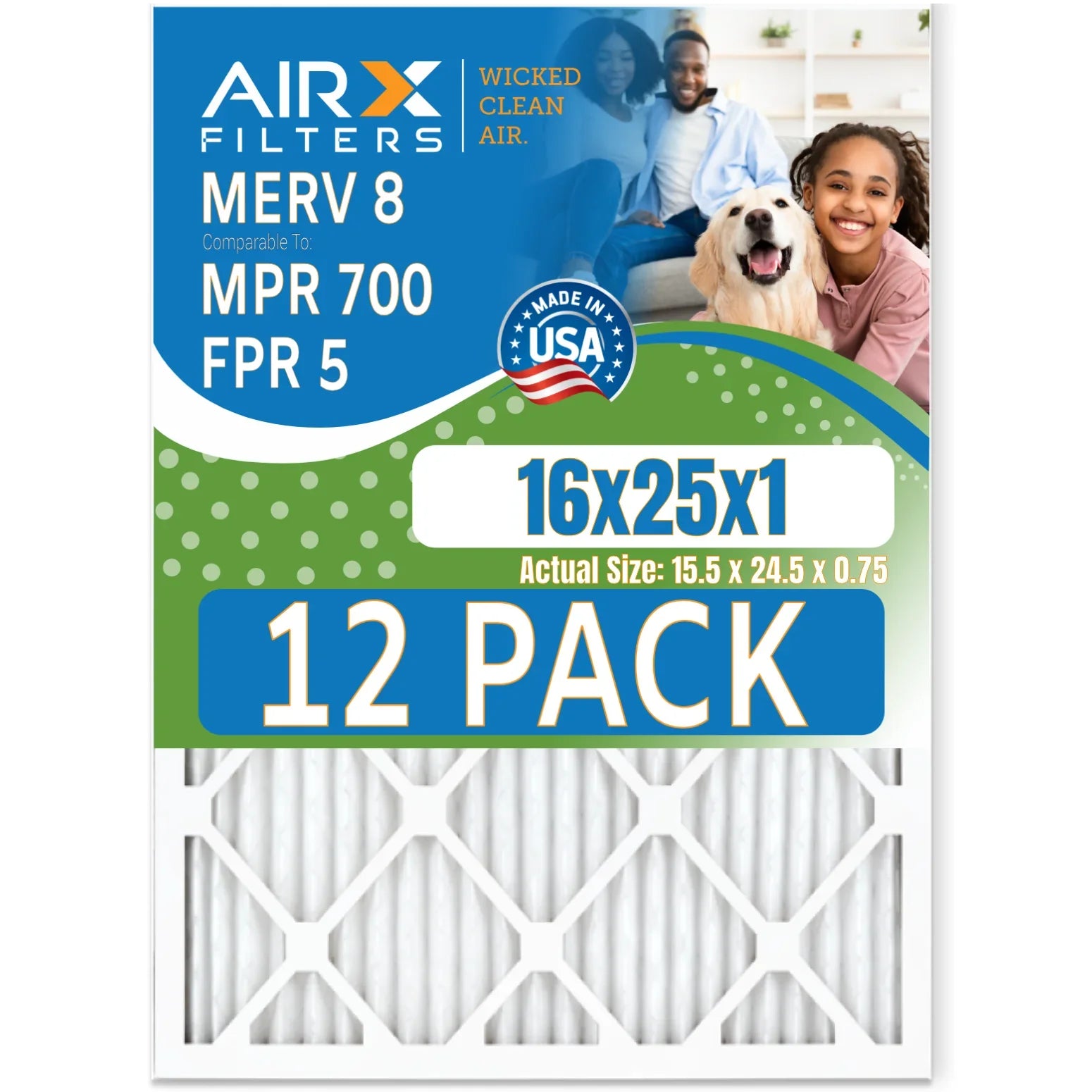 16x25x1 Air Filter MERV 8 Rating, 12 Pack of Furnace Filters Comparable to MPR 700 & FPR 5 - Made in USA by AIRX FILTERS WICKED CLEAN AIR.