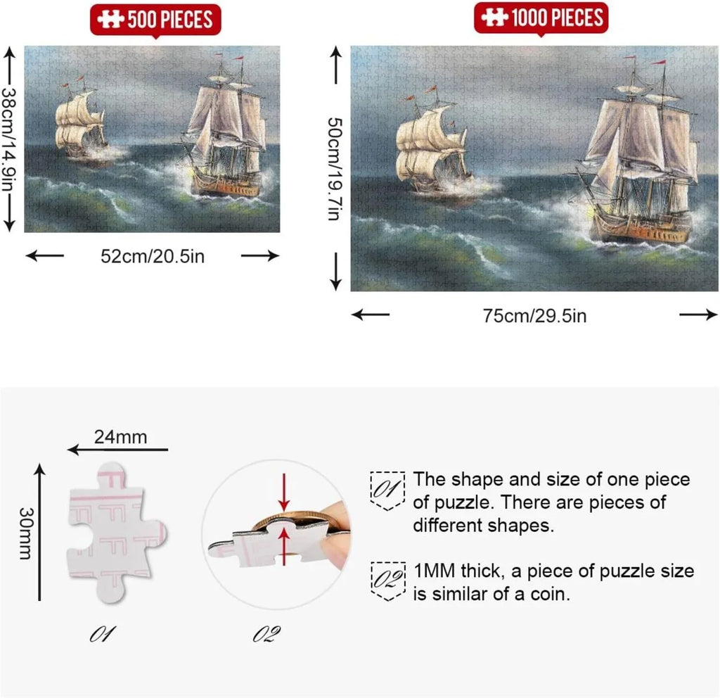 SKYSONIC Oil Paintings Sea Landscape Sailboat 500 Pcs of Irregular Puzzle in a Box, Printed with Colored Letters on Back to Reduce Difficulty, a Happy Time of Cooperation