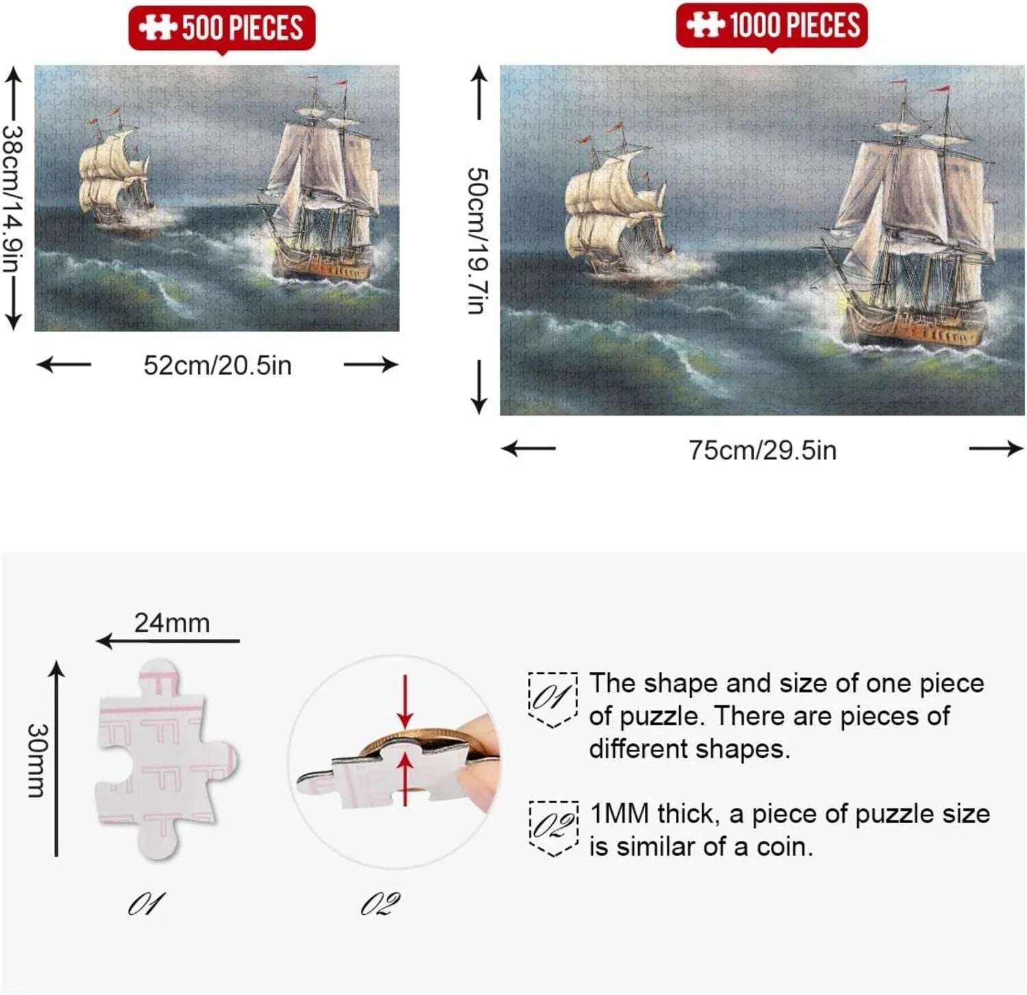 SKYSONIC Oil Paintings Sea Landscape Sailboat 500 Pcs of Irregular Puzzle in a Box, Printed with Colored Letters on Back to Reduce Difficulty, a Happy Time of Cooperation