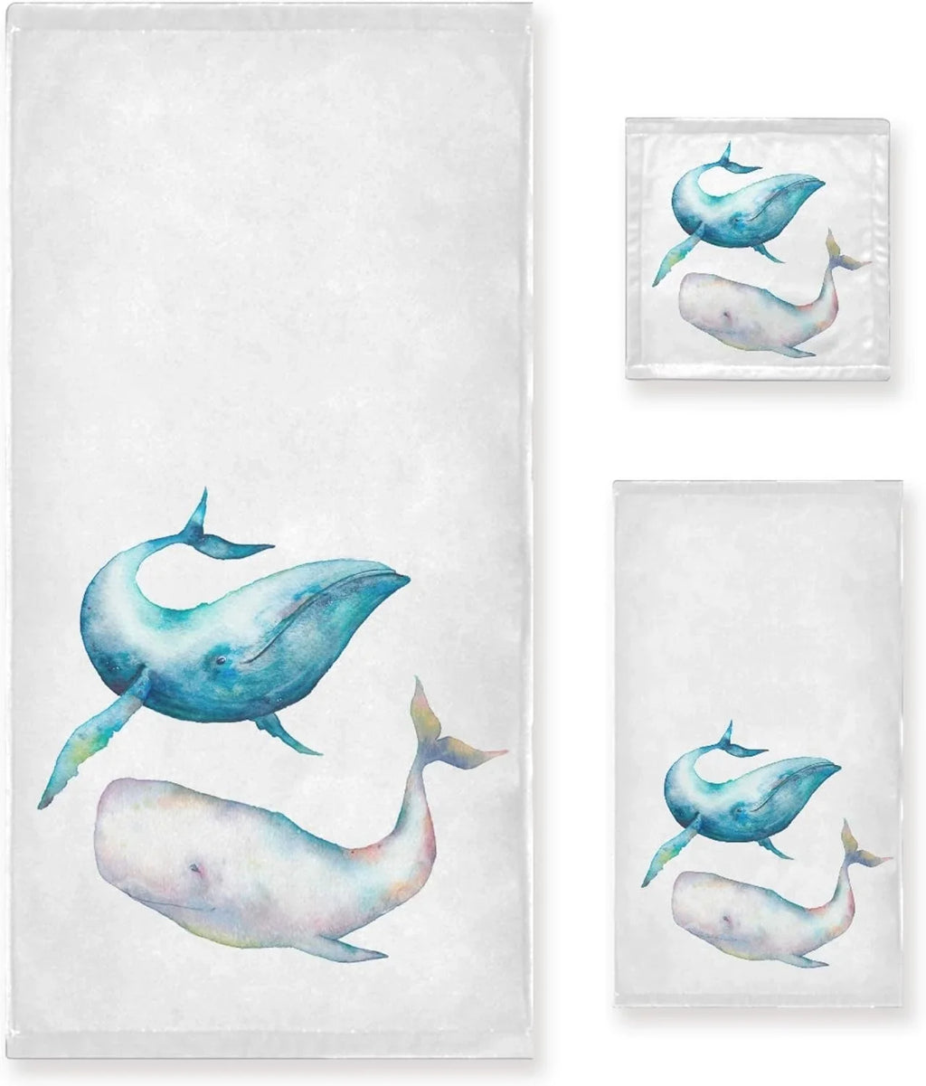 GZHJMY 3-Piece Towel Set,Watercolor Blue Humpback Whale Bath Towel Sets, 1 Bath Towel, 1 Hand Towel, 1 Washcloth, Bowhead Whale Ocean Marine Sea Life Absorbent Soft Towels Quick Drying for Bathroom
