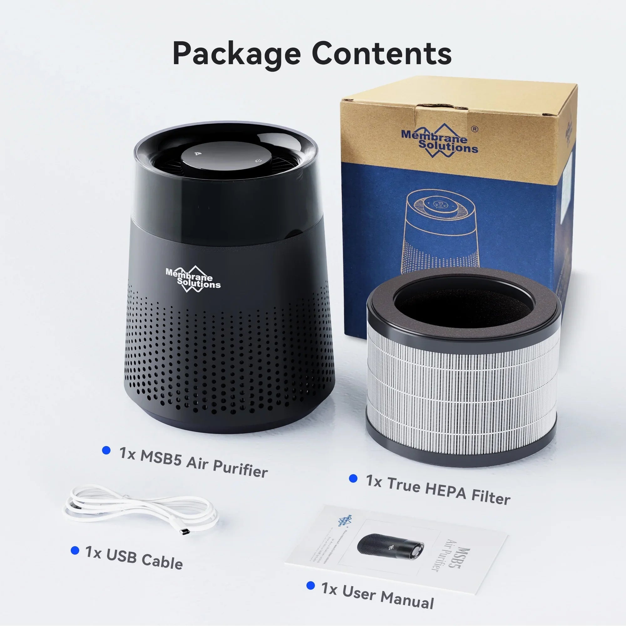 Membrane Solutions MSB5 Air Purifier for Allergies and Asthma, H13 True HEPA Filter, LED Light, Ebony