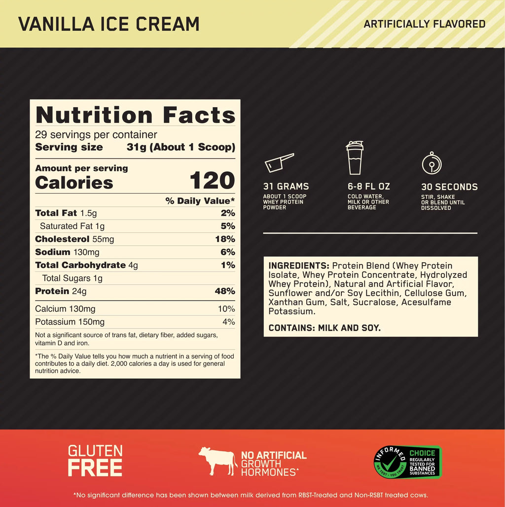 Optimum Nutrition, Gold Standard 100% Whey Protein Powder, Vanilla Ice Cream, 2 lb, 29 Servings