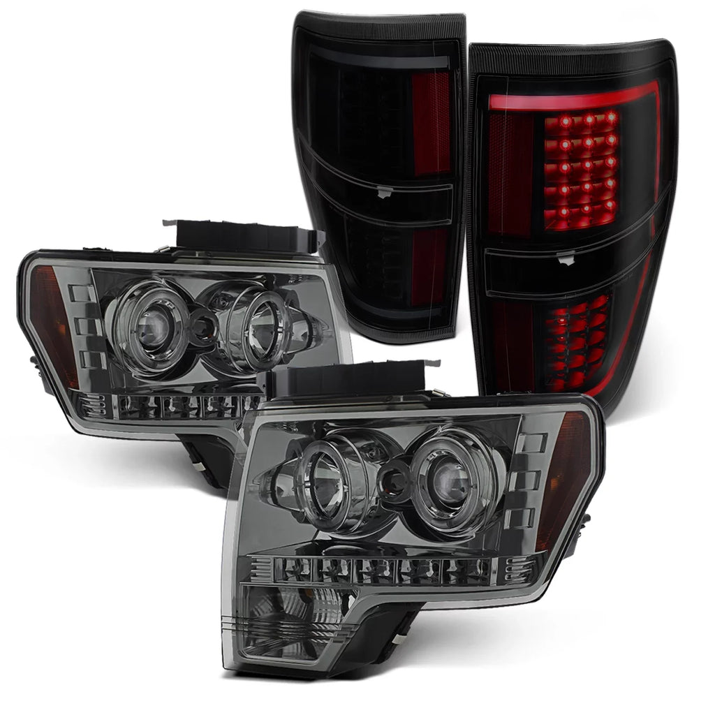 AKKON - Fits 2009-2014 Ford F-150 F150 Dual Halo Projector Smoke Headlights + Jet Smoked [C-Light Bar] LED Tail Lamp Combo