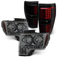 AKKON - Fits 2009-2014 Ford F-150 F150 Dual Halo Projector Smoke Headlights + Jet Smoked [C-Light Bar] LED Tail Lamp Combo