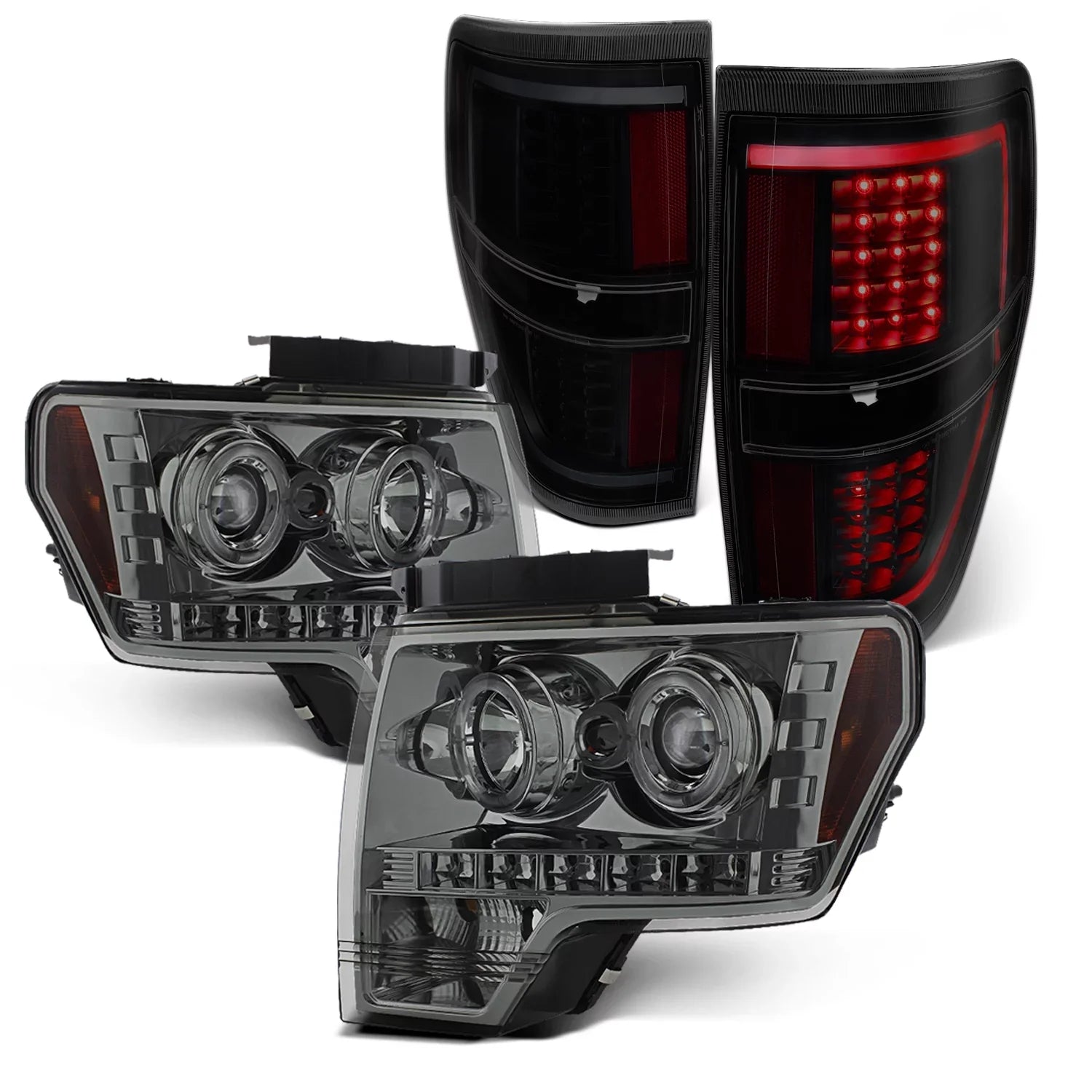 AKKON - Fits 2009-2014 Ford F-150 F150 Dual Halo Projector Smoke Headlights + Jet Smoked [C-Light Bar] LED Tail Lamp Combo