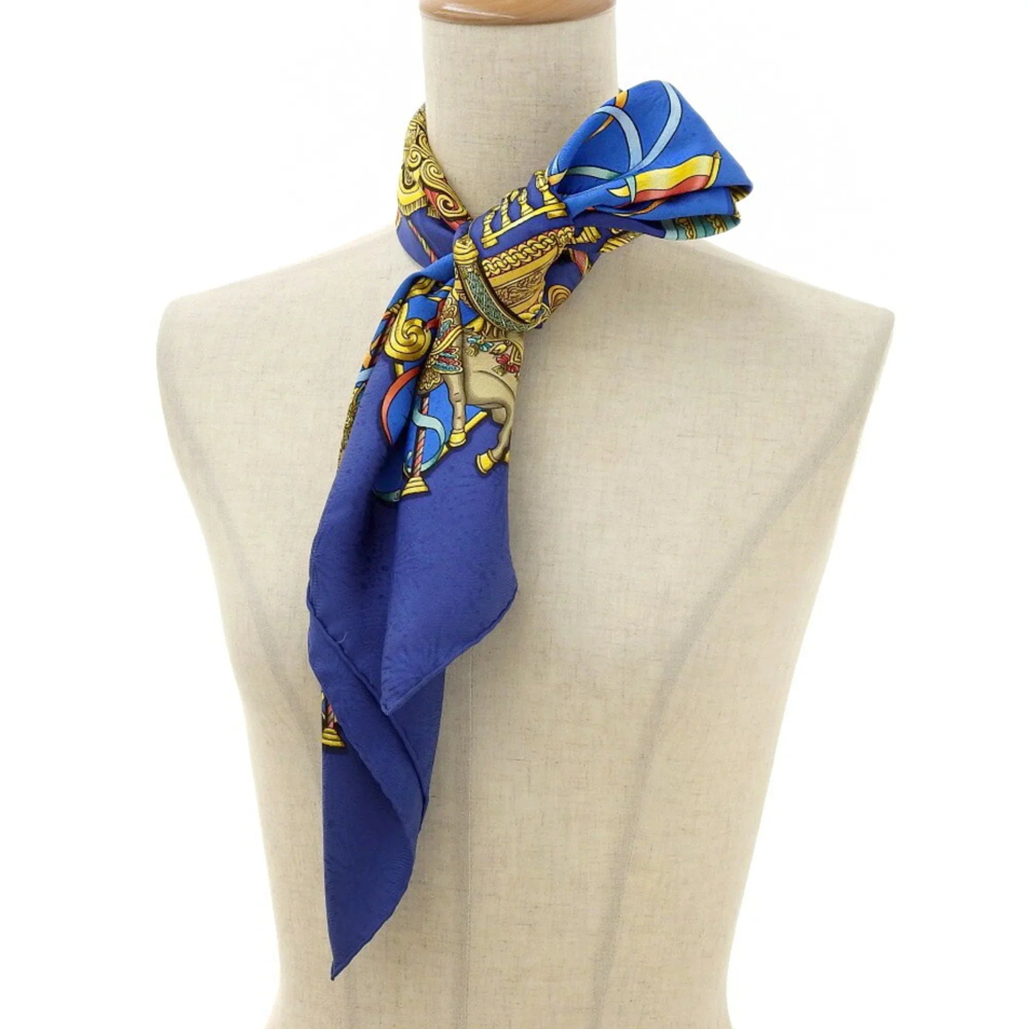 Pre-Owned HERMES KARE90 LUNA PARK Amusement Park Horse Carousel Scarf Muffler Silk Blue (Good)