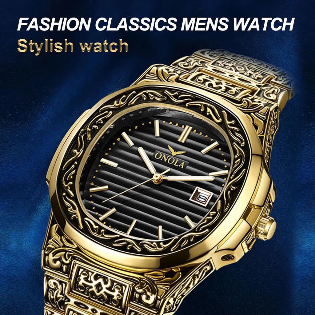 Men's Watch Relojes De Hombre Retro Gold Quartz Stainless Steel Waterproof Wrist