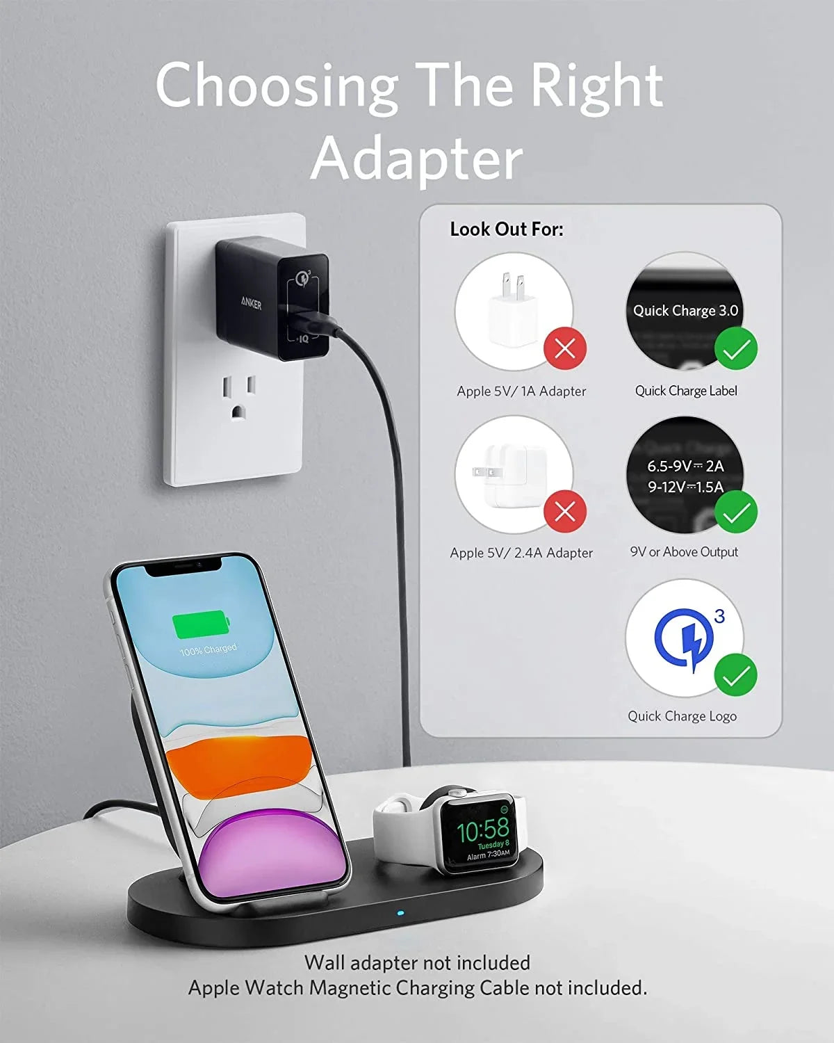 Anker Wireless Charging Station with QC Charger, PowerWave Sense 2-in-1 Stand with Watch Charging Holder for Watch SE/6/5/4/3/2/1, iPhone SE 2020, 11, 11 Pro (Watch Charging Cable Not Included)