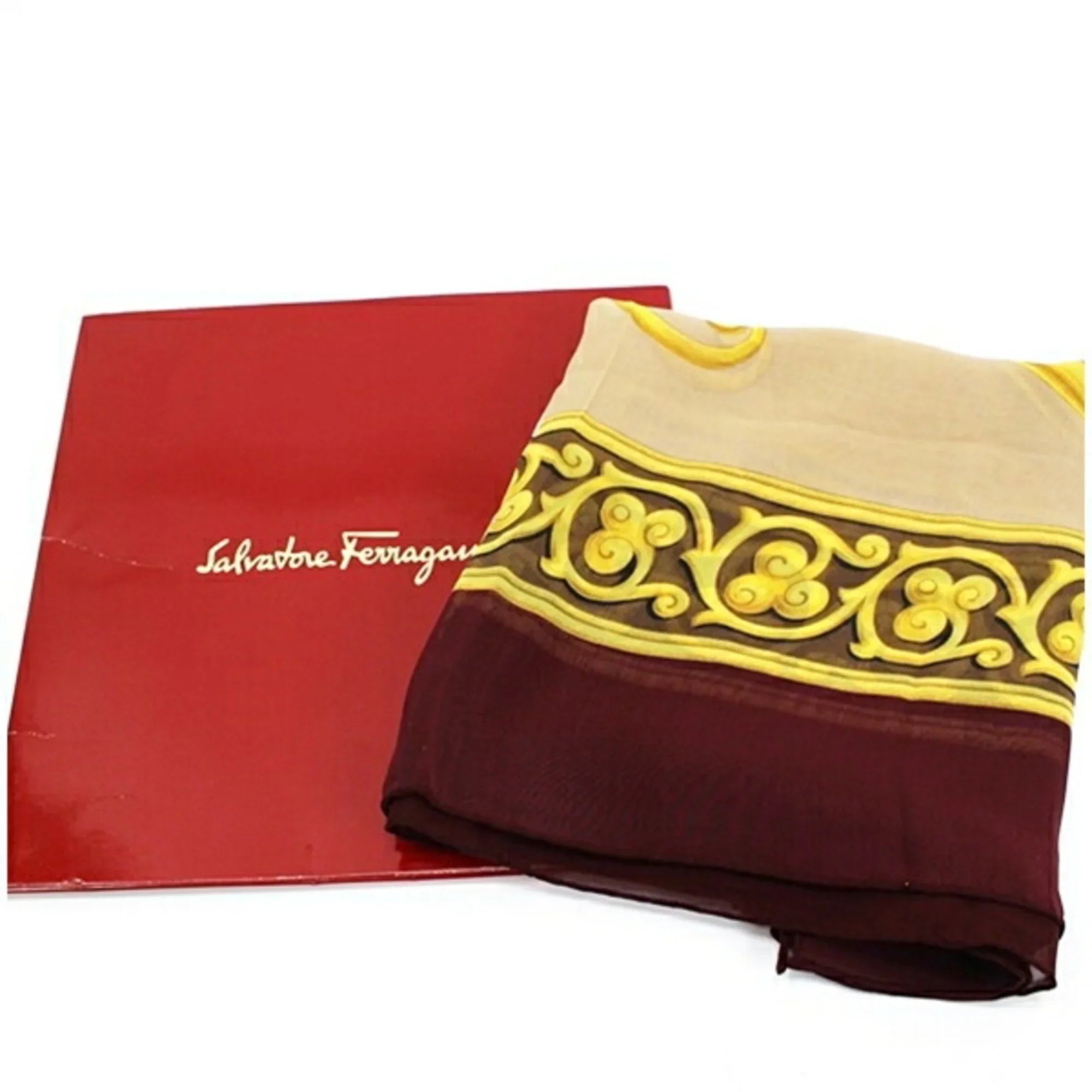 Pre-Owned Salvatore Ferragamo Large Silk Scarf Muffler Tiger Pattern Wine x Beige Women's (Good)