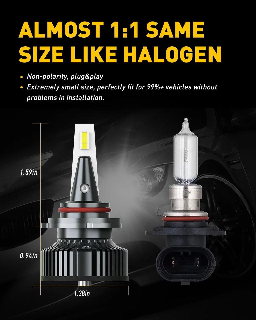 AUXITO 9012/HIR2 LED Headlight Bulbs Mini Size 80W 16,000LM Per Pair 500% Brighter 6500K White, Pack of 2
