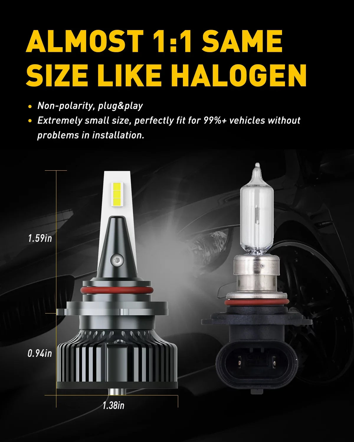 AUXITO 9012/HIR2 LED Headlight Bulbs Mini Size 80W 16,000LM Per Pair 500% Brighter 6500K White, Pack of 2