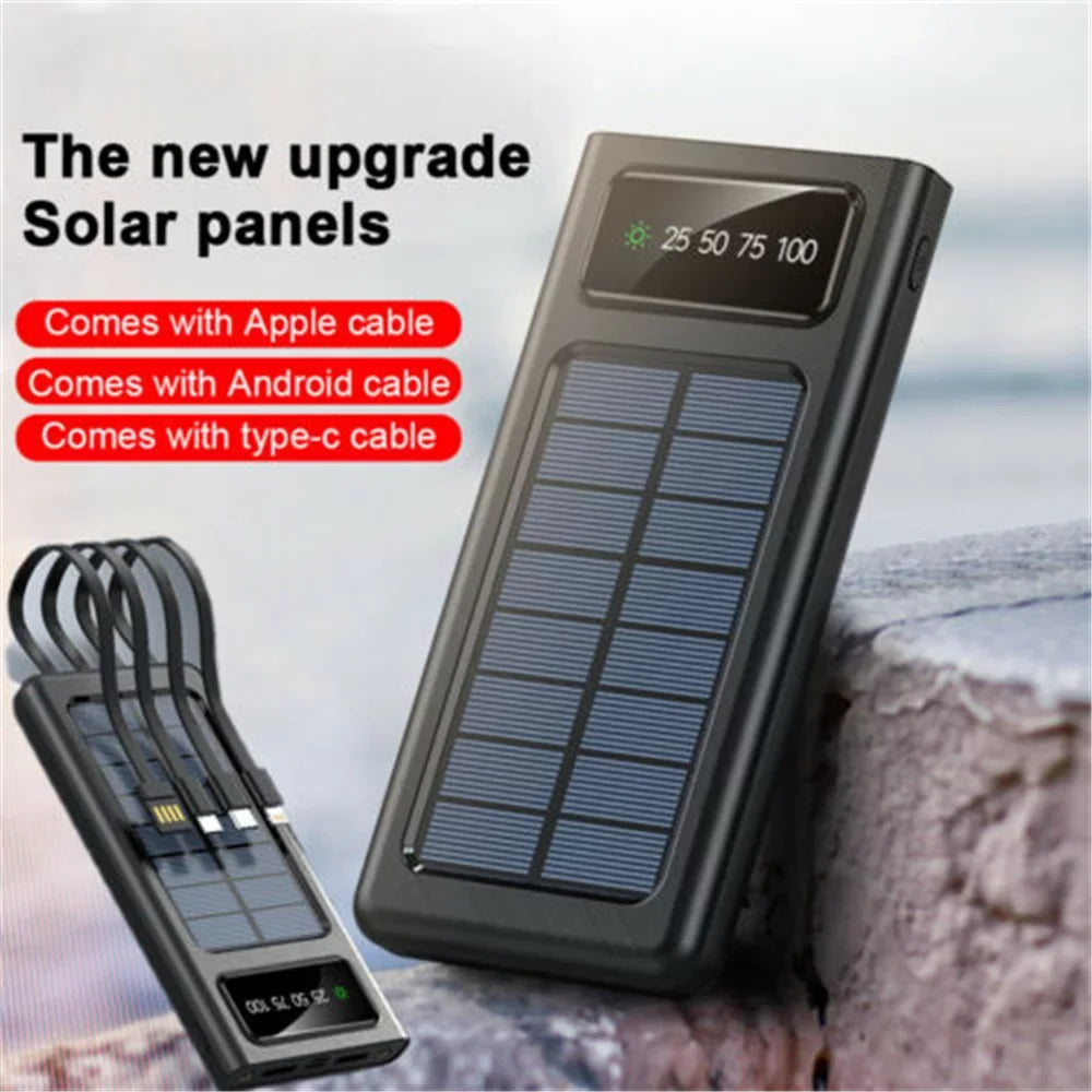 Solar-Charger-Power-Bank - Portable Charger,20000mAh 4 Qi Charger Solar Panel Built-in 3 Kinds Output Cable and Dual LED Flashlights