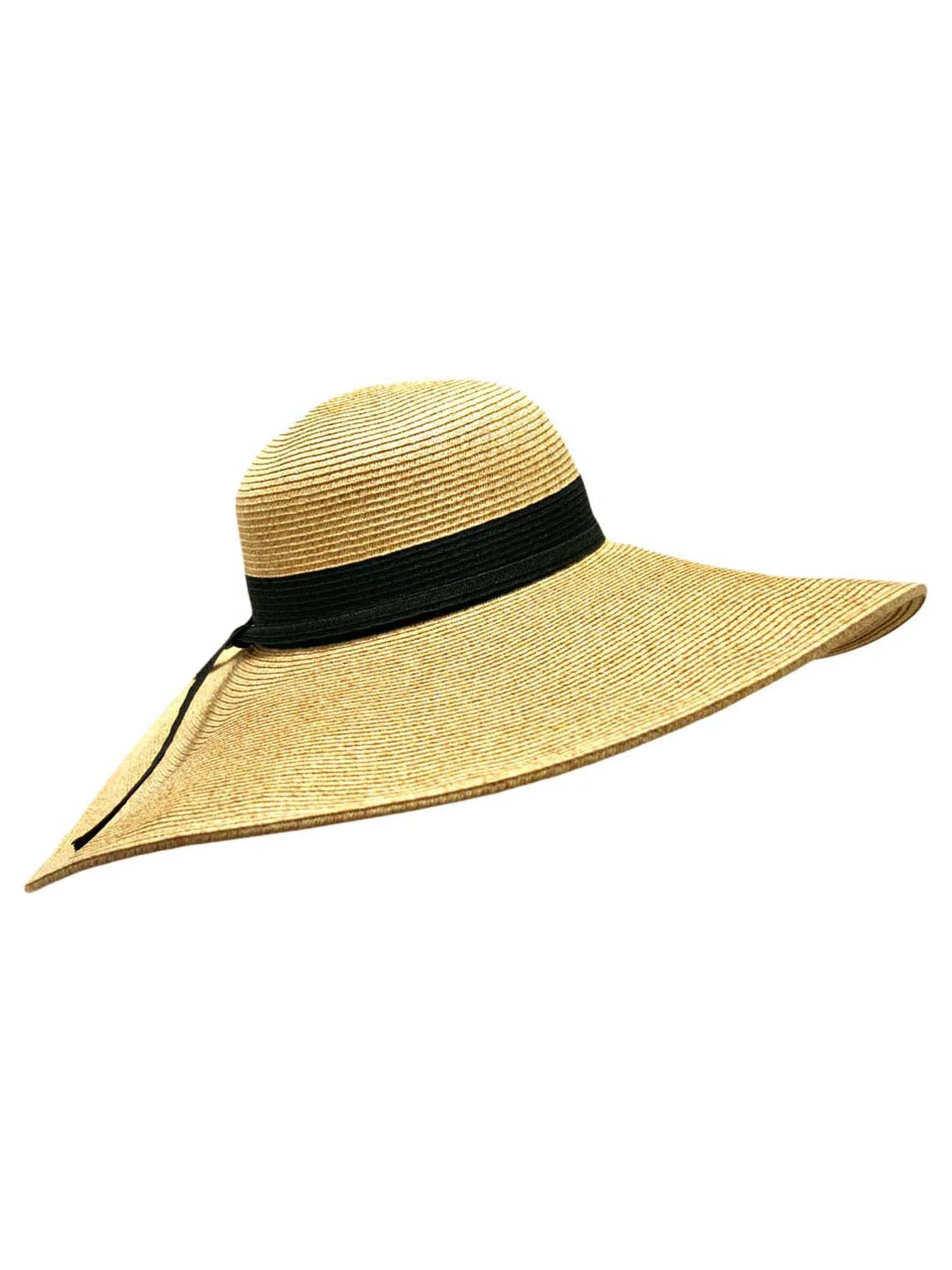 Natural Wide Brim Floppy Hat With Dark Ribbon Hat Band