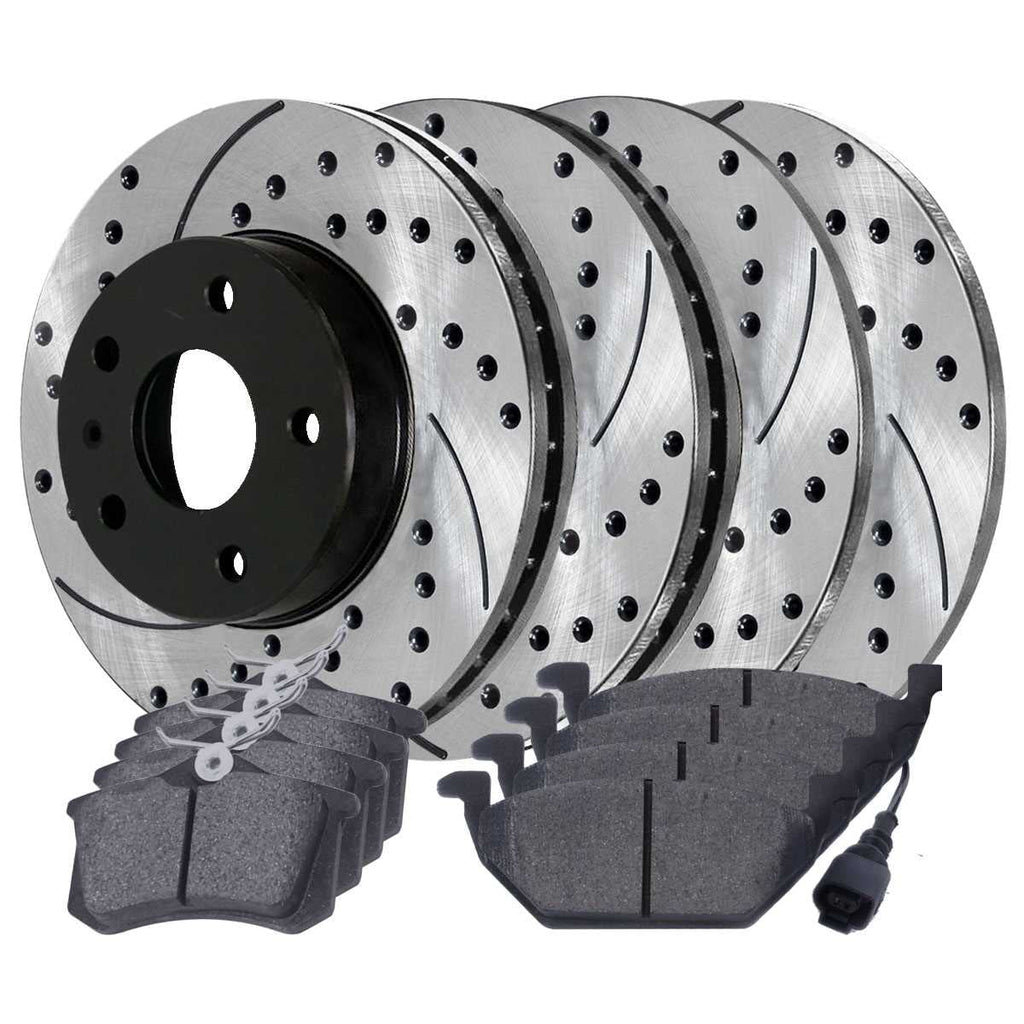 AutoShack Front and Rear Drilled Slotted Brake Rotors Ebony and Ceramic Pads Kit Replacement for 2000 Volkswagen Beetle 2002 2003 2004 2005 2006 Golf 2007 2008 2009 2010 Golf City 1.9L 2.0L FWD