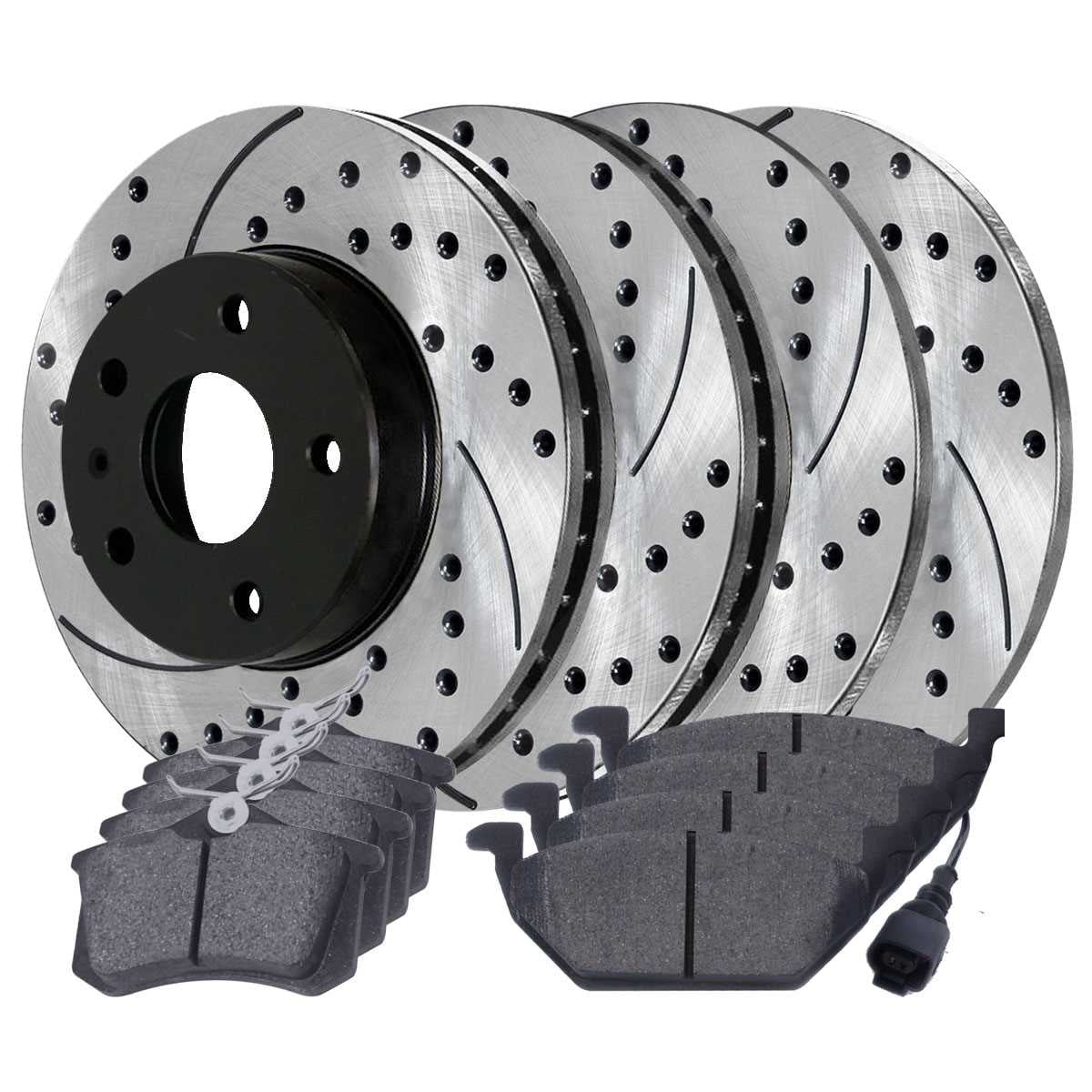 AutoShack Front and Rear Drilled Slotted Brake Rotors Ebony and Ceramic Pads Kit Replacement for 2000 Volkswagen Beetle 2002 2003 2004 2005 2006 Golf 2007 2008 2009 2010 Golf City 1.9L 2.0L FWD
