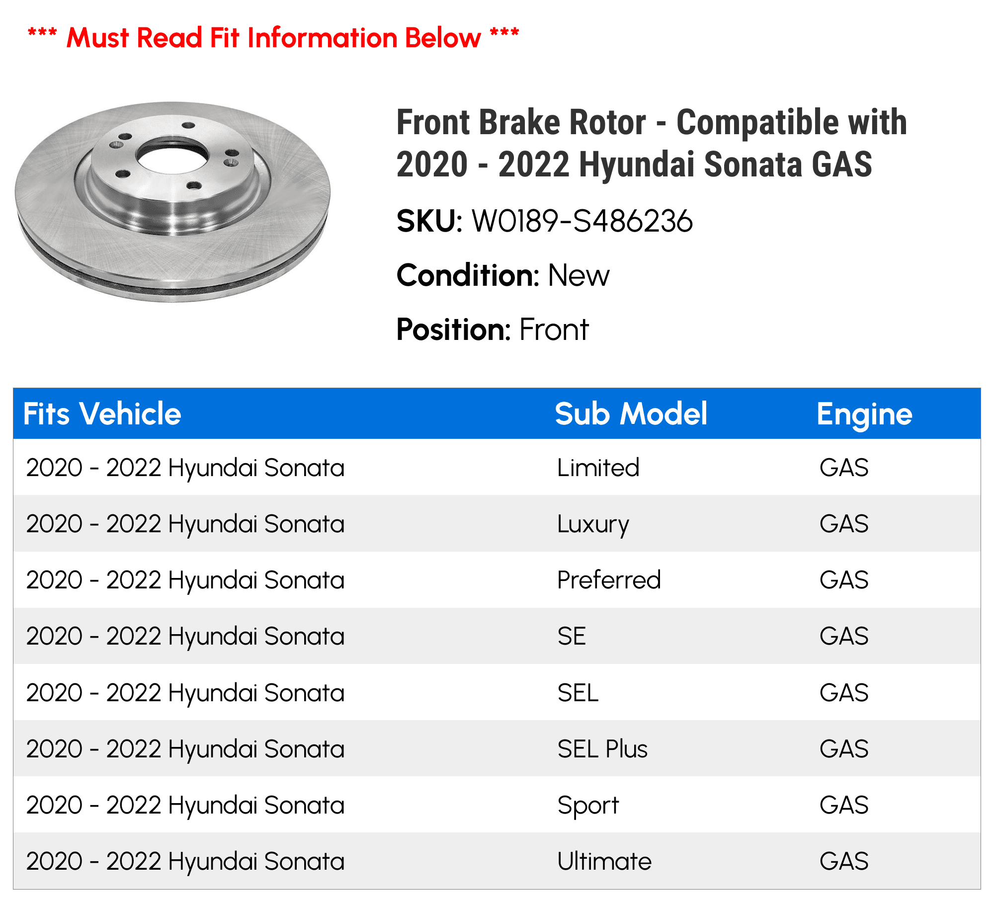 Front Disc Brake Rotor - Compatible with 2020 - 2022 Hyundai Sonata GAS 2021