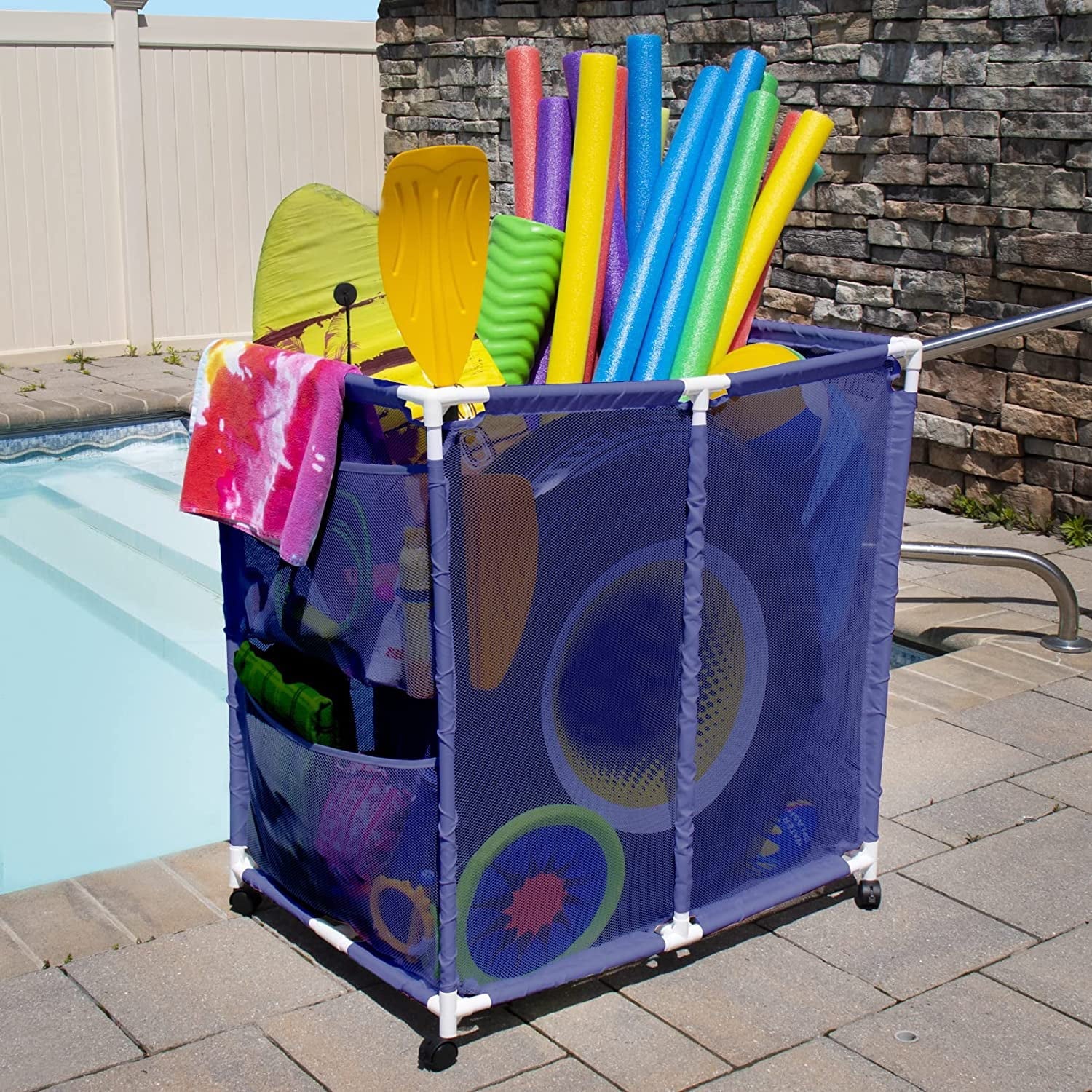 Essentially Yours Pool Floats, Balls, Toys and Equipment Rolling Mesh Organizer Storage Bin, Large, (35" W x 25.4" L x 37.5" H), Blue / White Style 455102