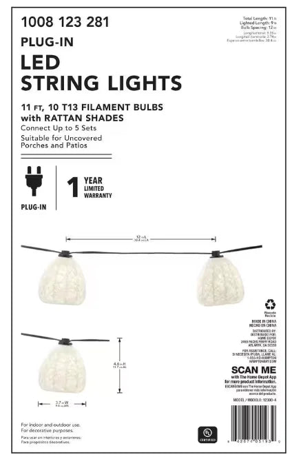 Hampton Bay Outdoor/Indoor 11 ft. Plug-In Mini Bulb LED Natural Fiber String Light (10-Heads)