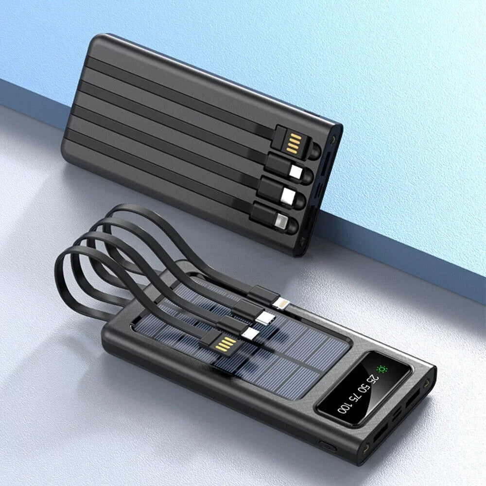 Solar-Charger-Power-Bank - Portable Charger,20000mAh 4 Qi Charger Solar Panel Built-in 3 Kinds Output Cable and Dual LED Flashlights