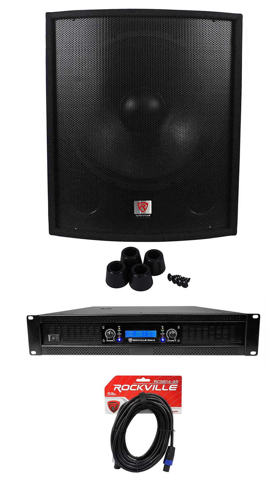Rockville SBG1188 18" Pro DJ PA Subwoofer Sub+5000w 2-Channel Amplifier+Cable