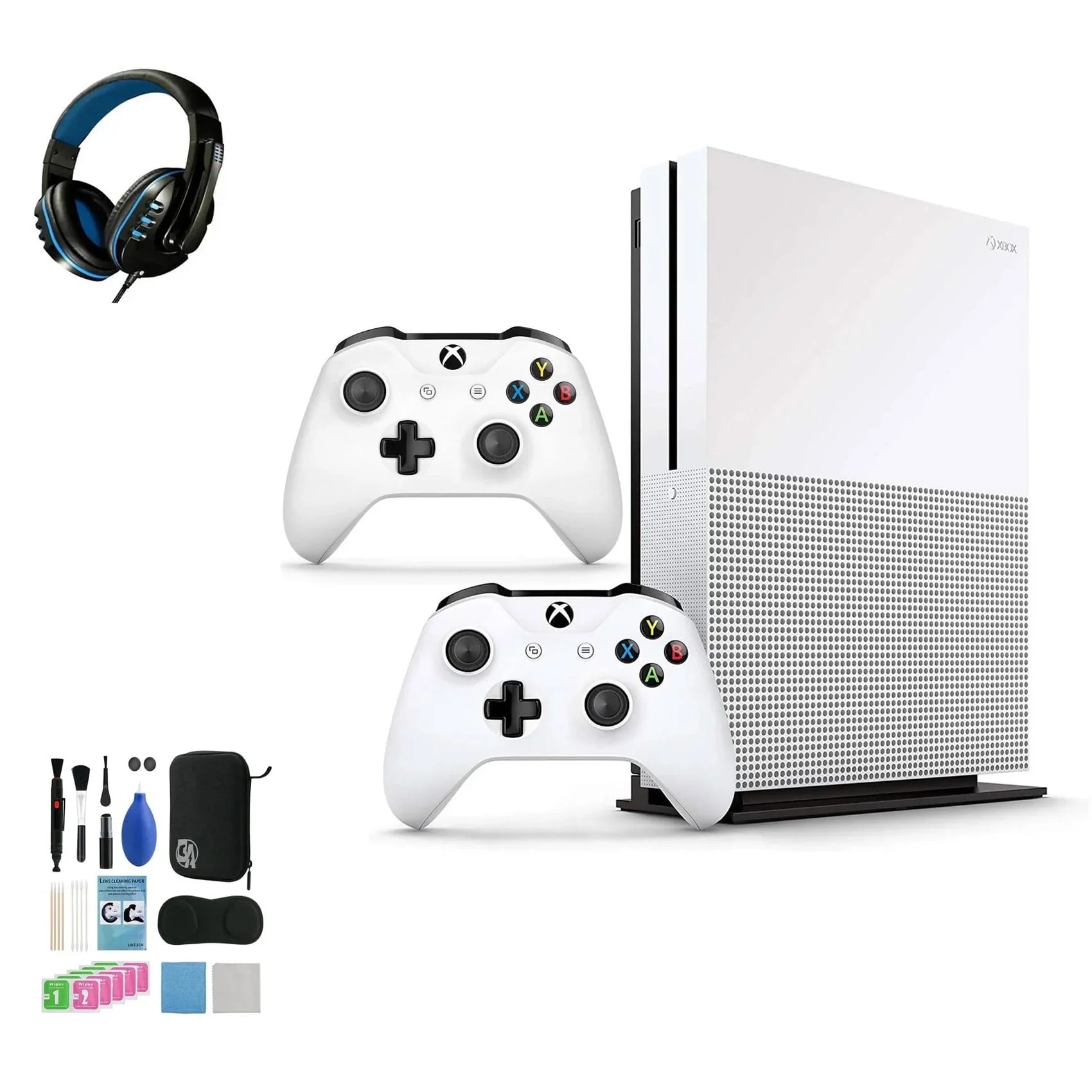 Pre-Owned Xbox One S 1TB with 2 Controller, 4K Ultra HD White with BOLT AXTION Cleaning Kit Headset Bundle (Refurbished: Like New)