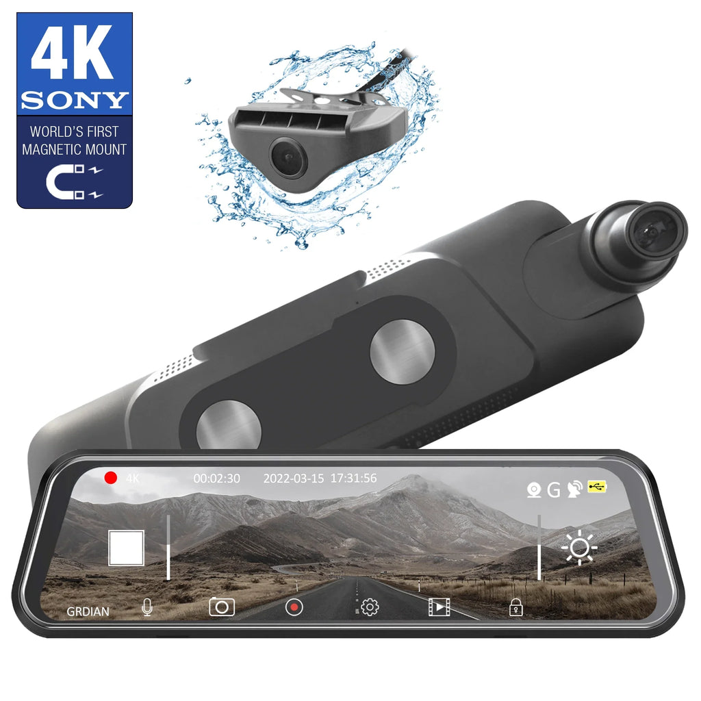 GRDIAN Arc4K 10" Rear-View Mirror Camera, Dual-Channel Front and Rear, Touchscreen, Parking Mode, Seamless Magnetic Mount Design