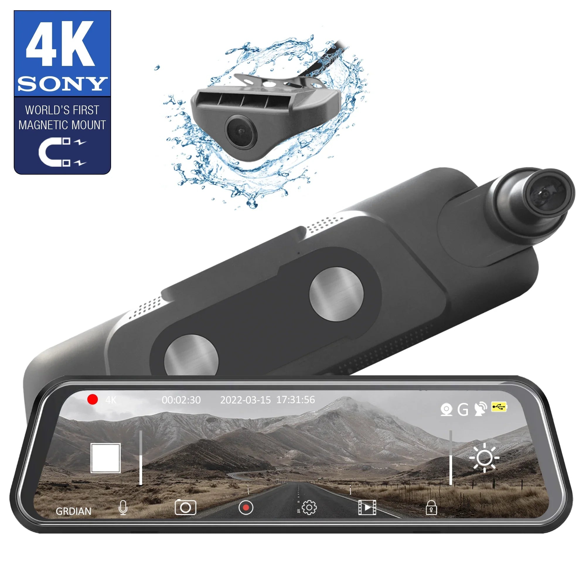 GRDIAN Arc4K 10" Rear-View Mirror Camera, Dual-Channel Front and Rear, Touchscreen, Parking Mode, Seamless Magnetic Mount Design