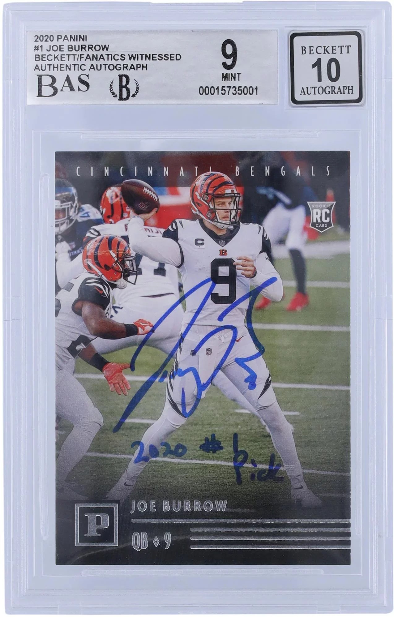 Joe Burrow Cincinnati Bengals Autographed 2020 Panini Chronicles #PA-1 Beckett Fanatics Witnessed Authenticated 9/10 Rookie Card with "2020 #1 PICK" Inscription - Fanatics Authentic Certified