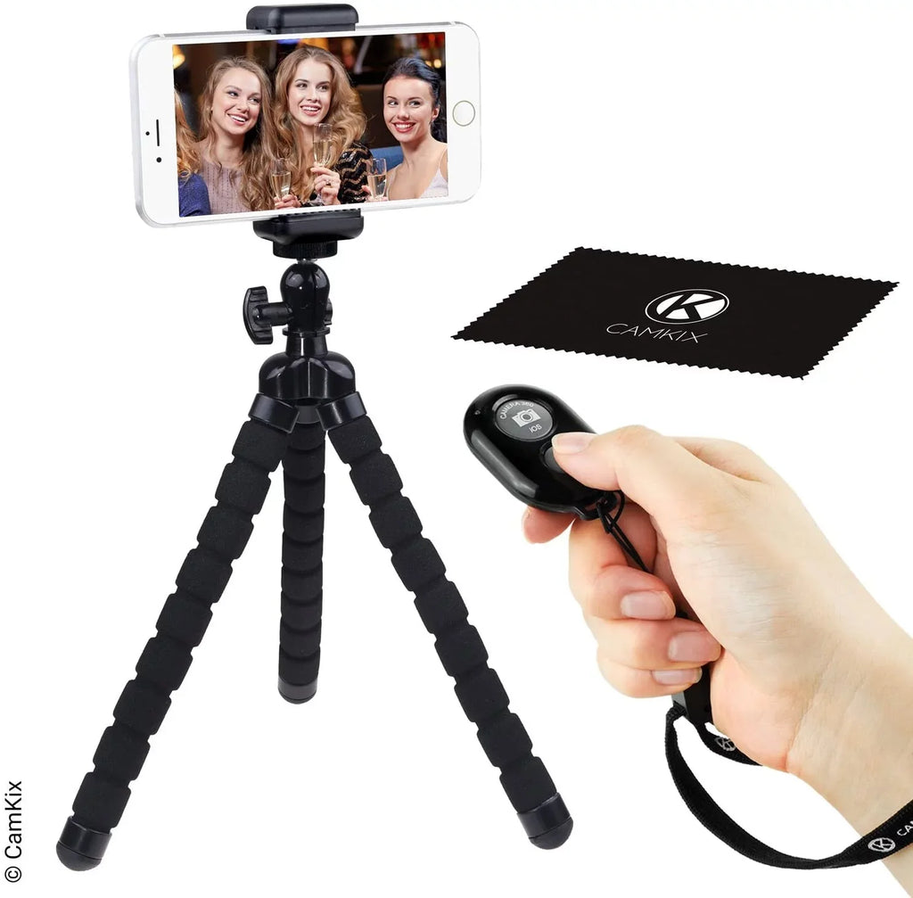 Flexible Cell Phone Tripod and Bluetooth Remote Control Camera Shutter - for iPhone, Galaxy and Many More -