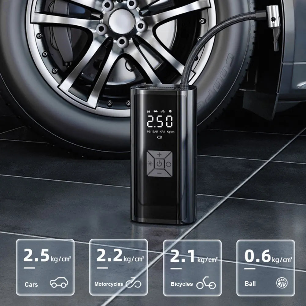 PowerCleany™ Electric Air Pump for Inflatables, Portable Air Compressor for Car Tires, Bicycles, Balls, Air Mattresses and Inflatable Boats, Emergency LED Light, Cordless Tire Inflator and Power Bank